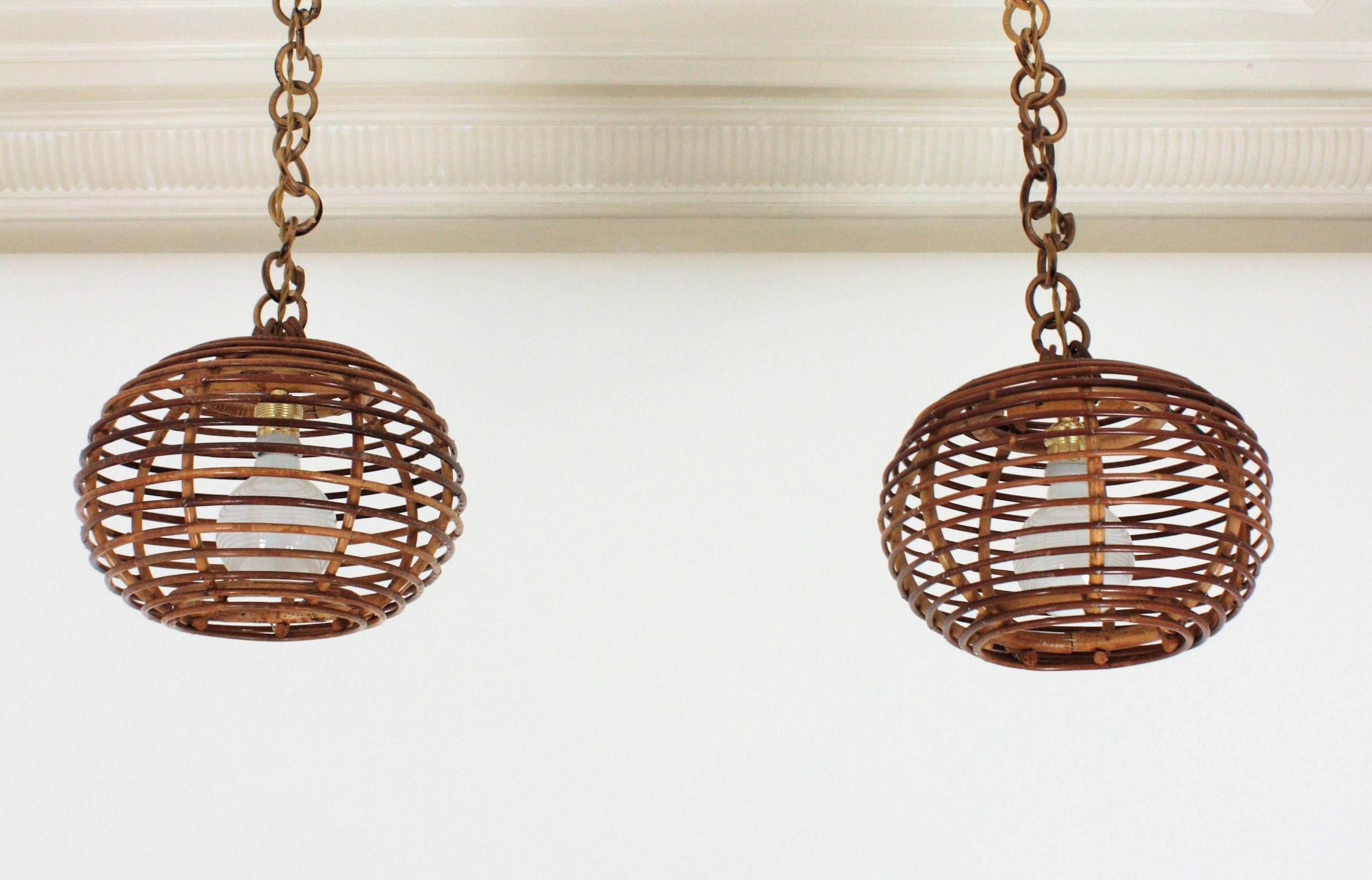 Pair of Rattan Globe Pendants or Hanging Lights, 1950s 2