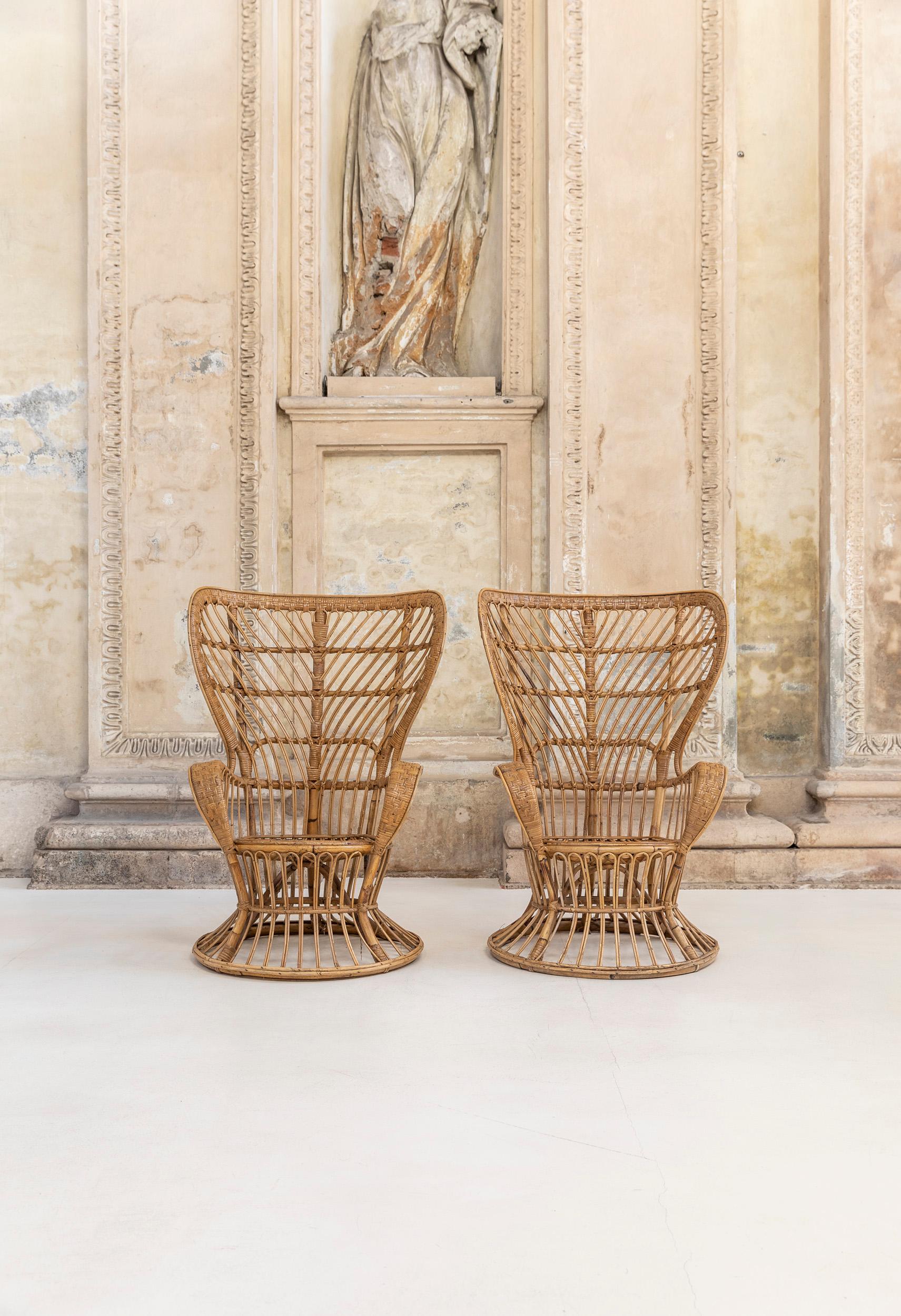 Mid-Century Modern Pair of Rattan High Back Armchairs by Lio Carminati and Gio Ponti