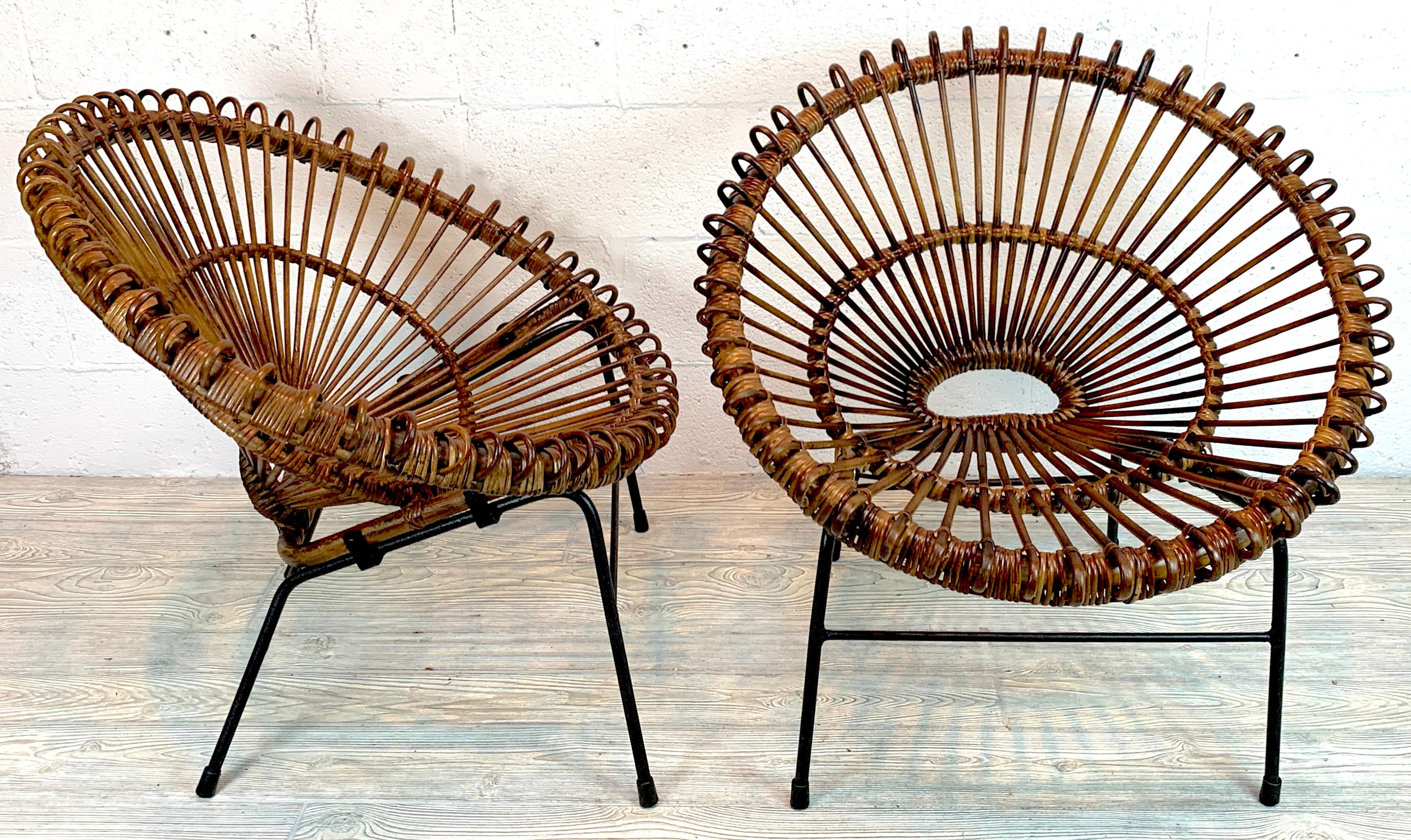 Mid-Century Modern Pair of Rattan Hoop Chairs, Janine Abraham Dirk Jan Rol France, Restored