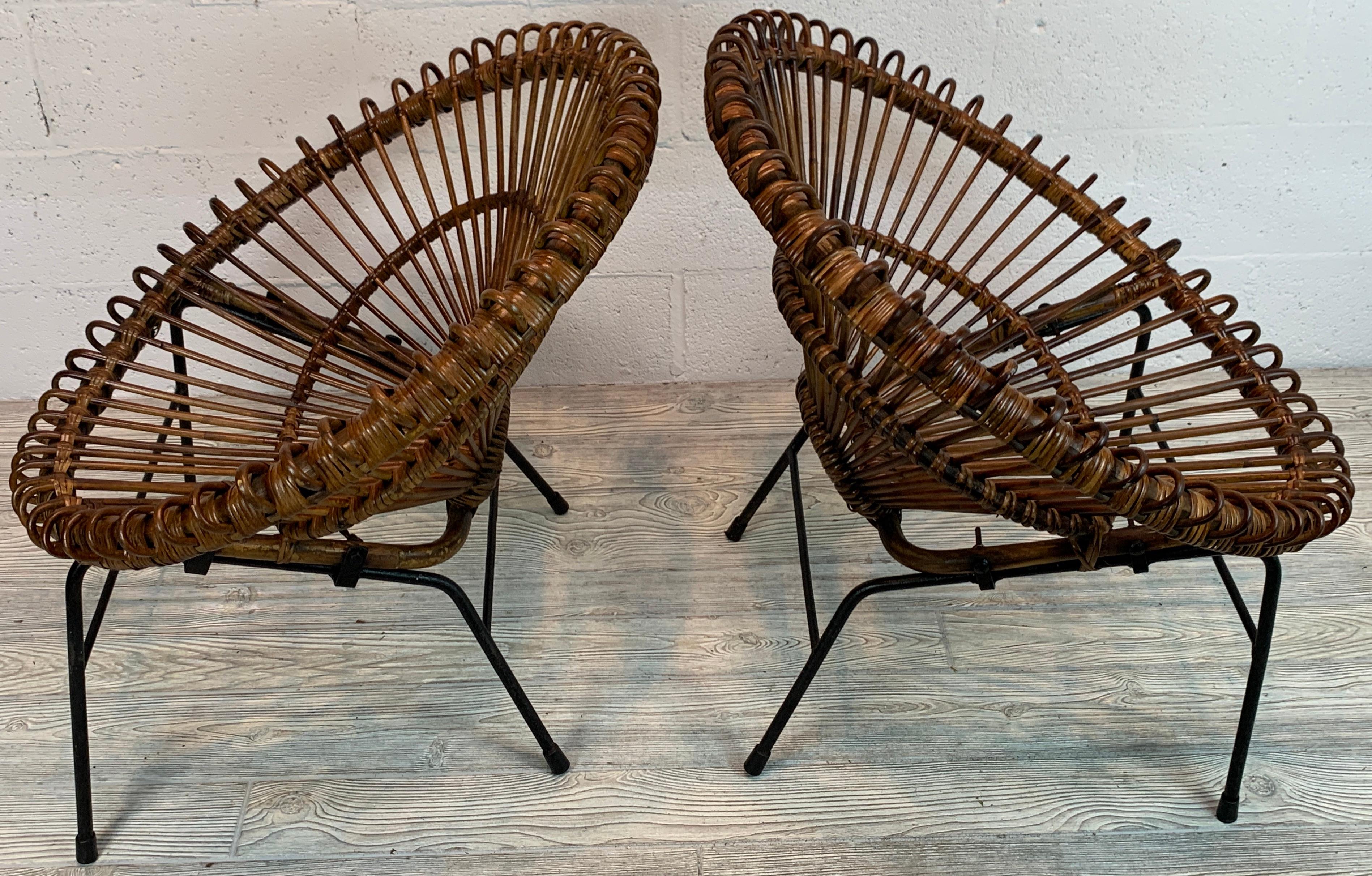 French Pair of Rattan Hoop Chairs, Janine Abraham Dirk Jan Rol France, Restored