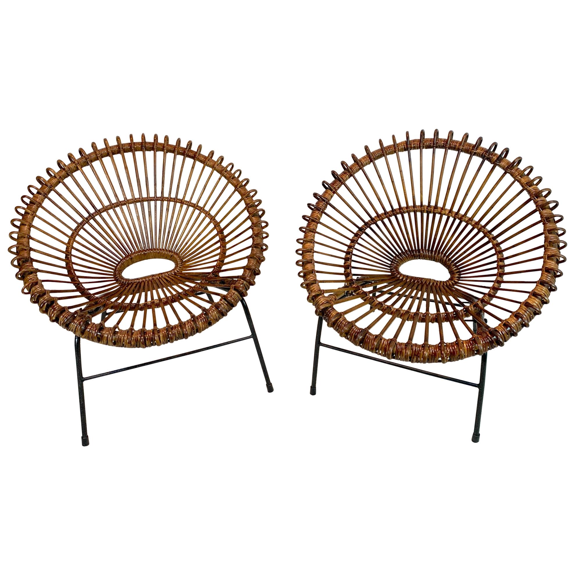 Pair of Rattan Hoop Chairs, Janine Abraham Dirk Jan Rol France, Restored