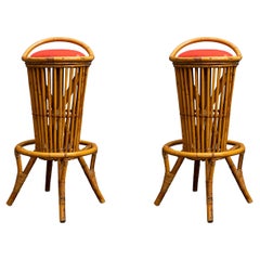 Antique Pair of Rattan Italian Mid-Century Bar Stools