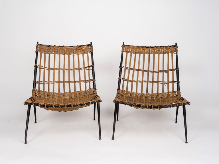 French Pair of Rattan & Lacquered Iron Chairs by Raoul Guys, France 1950's For Sale