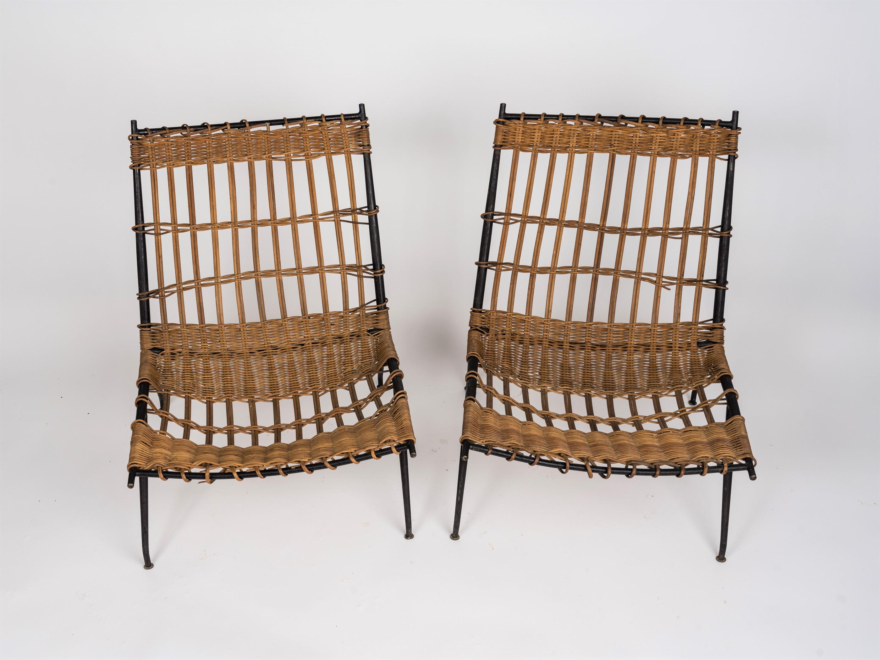 French Pair of Rattan & Lacquered Iron Chairs by Raoul Guys, France 1950's For Sale