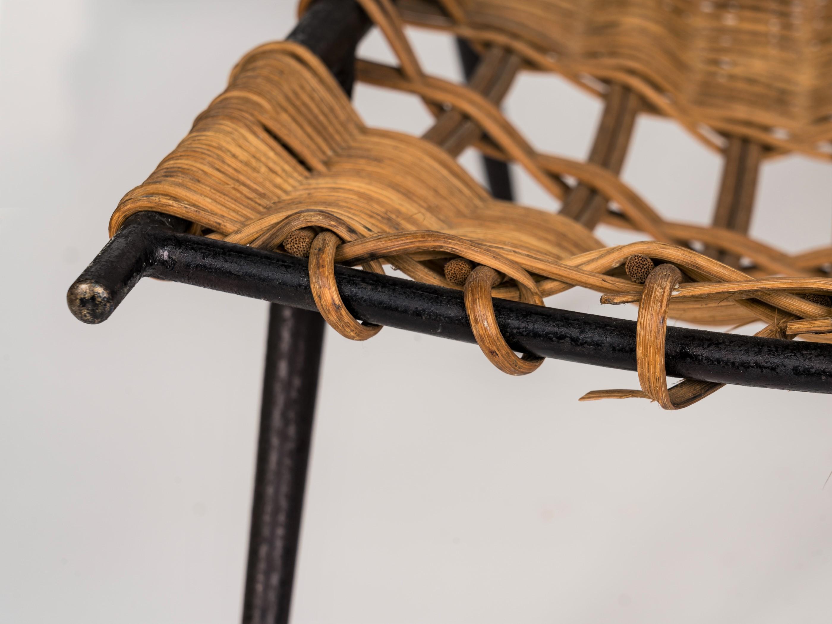 Steel Pair of Rattan & Lacquered Iron Chairs by Raoul Guys, France 1950's For Sale