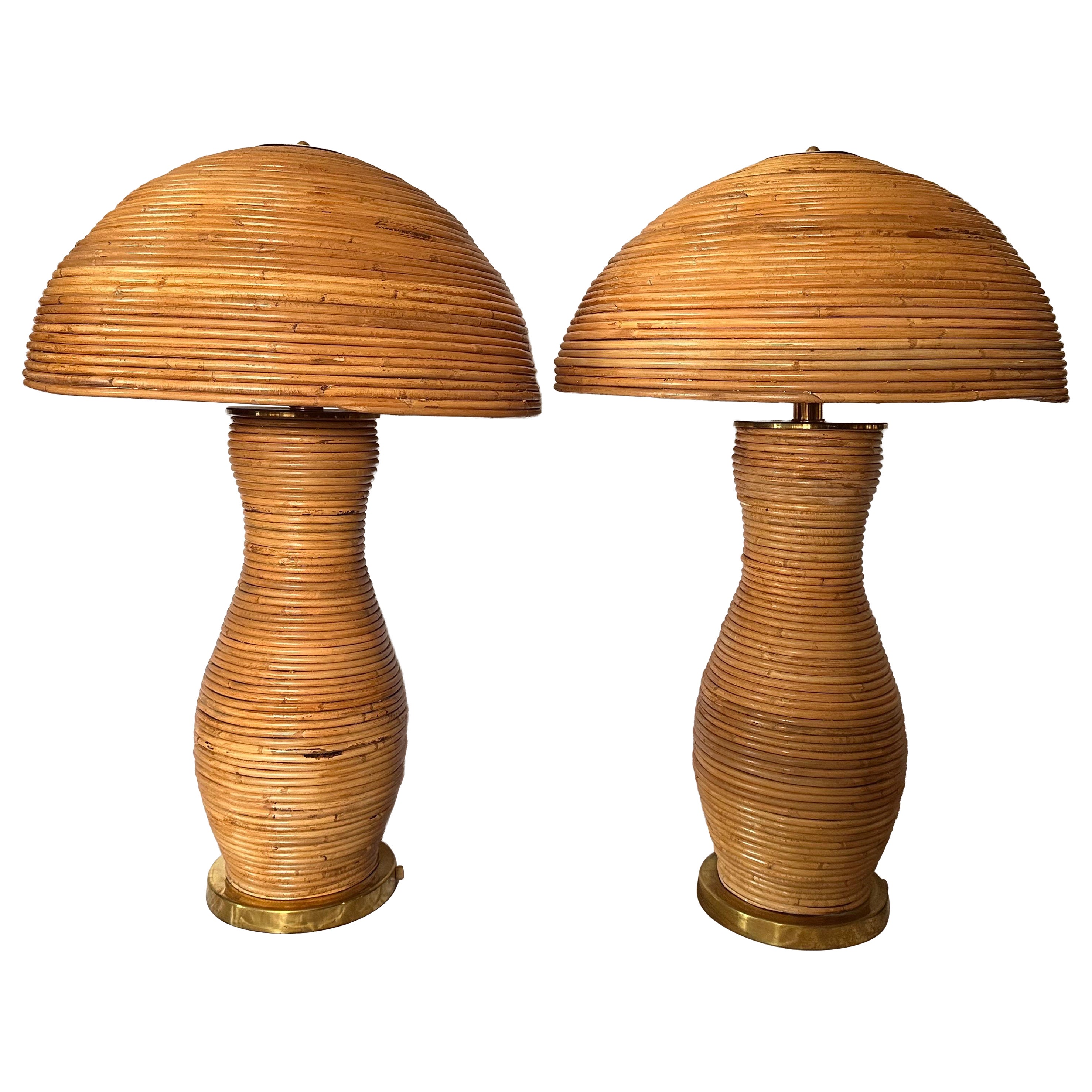Pair of Rattan Lamps and Shades For Sale