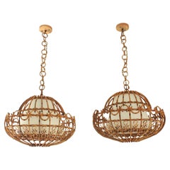 Pair of Rattan Large Pendant Hanging Lights / Lanterns, 1960s