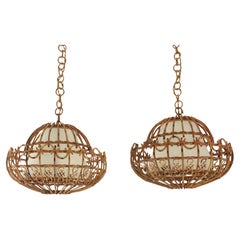 Pair of Rattan Large Pendant Hanging Lights / Lanterns, 1960s