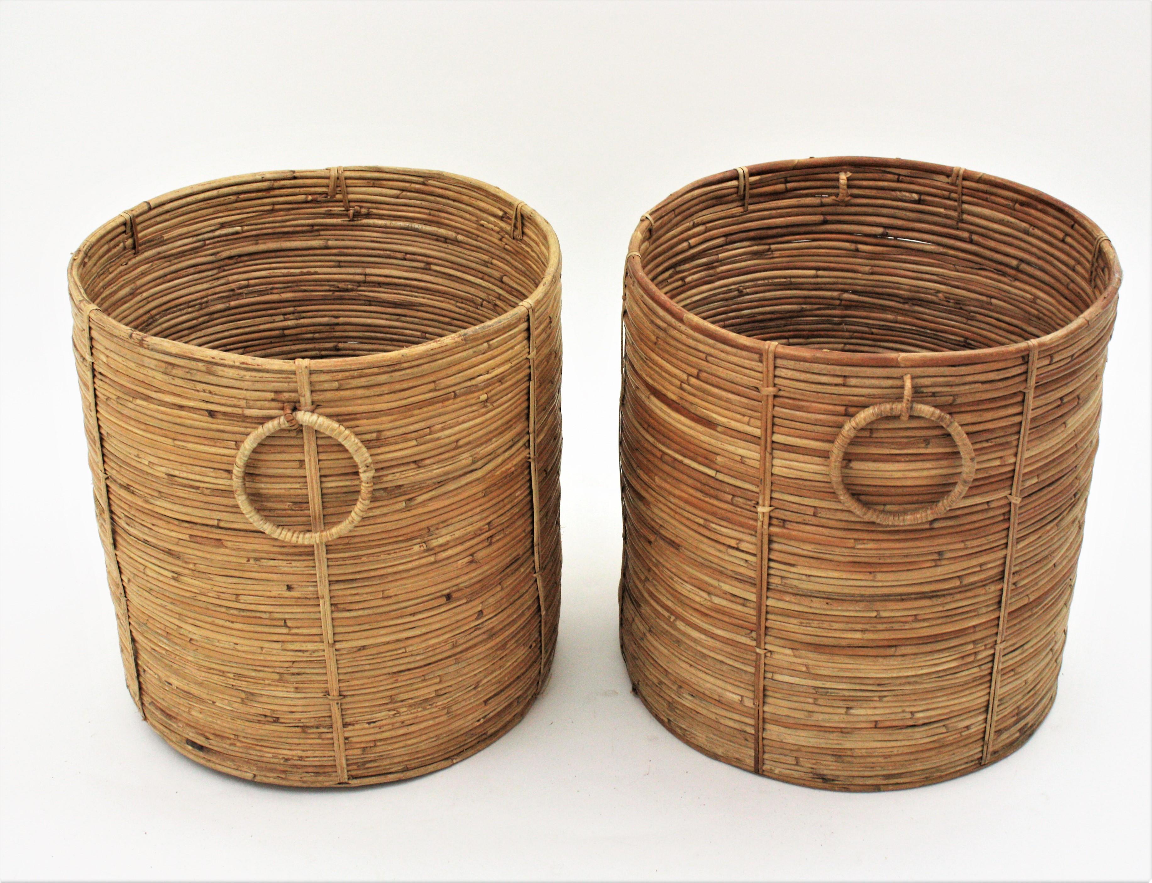 Pair of Rattan Large Round Planters or Baskets with Ring Handles, 1970s 2