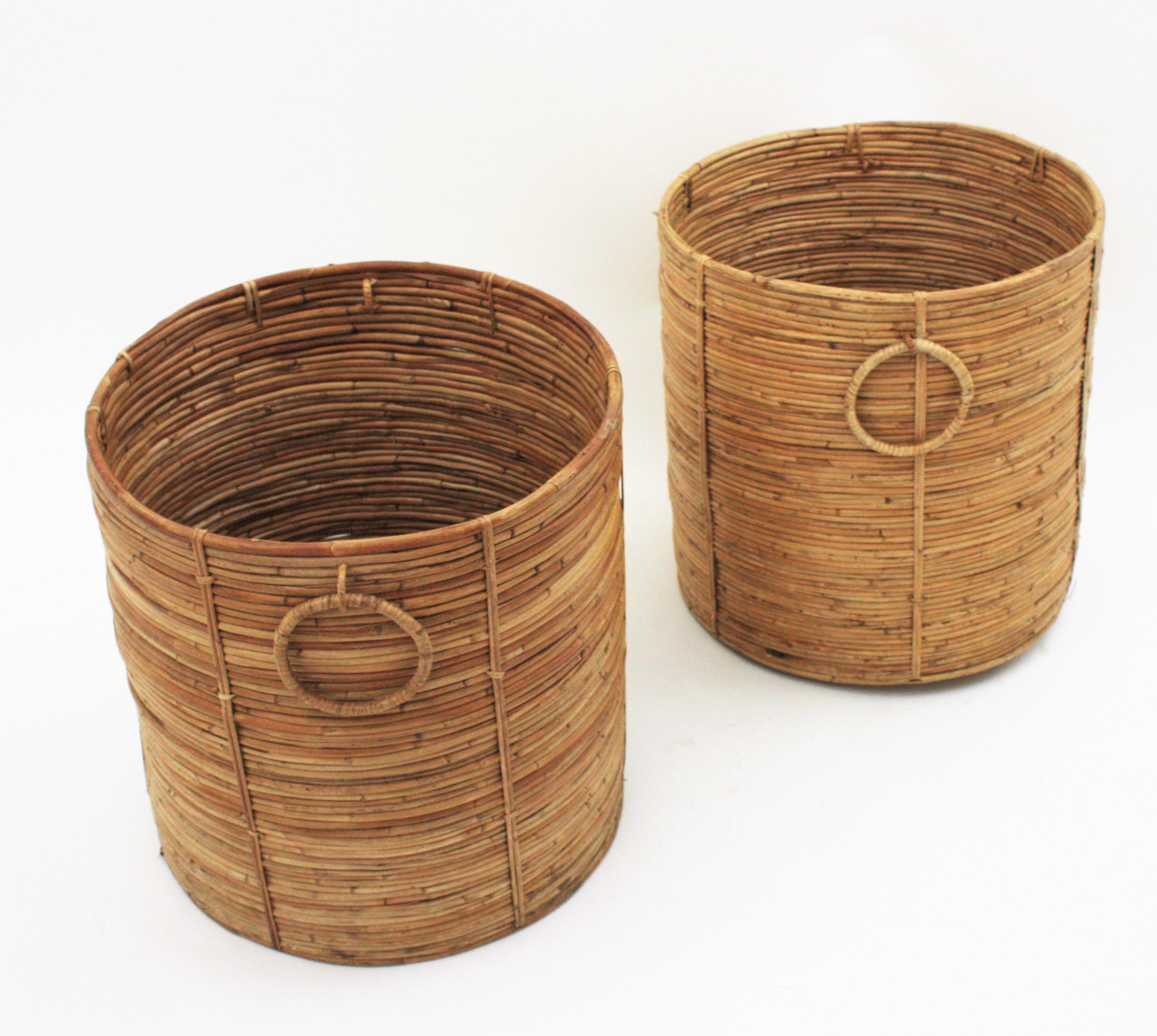 Pair of Rattan Large Round Planters or Baskets with Ring Handles, 1970s 3