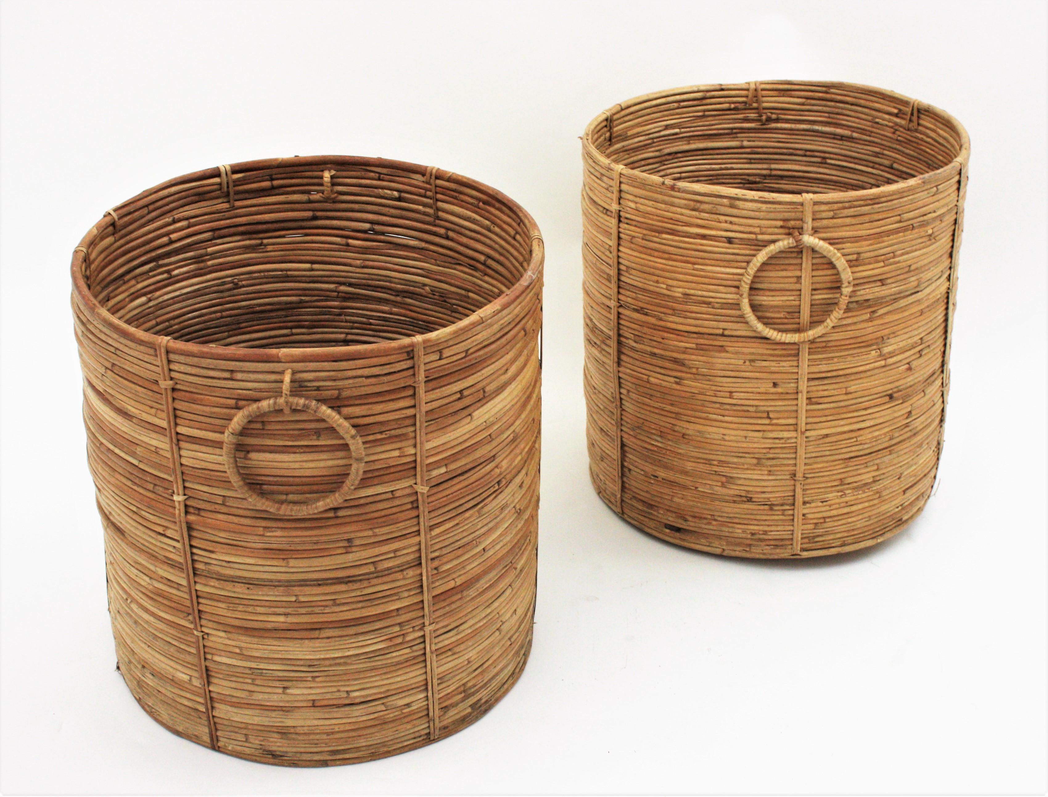 Mid-Century Modern Pair of Rattan Large Round Planters or Baskets with Ring Handles, 1970s