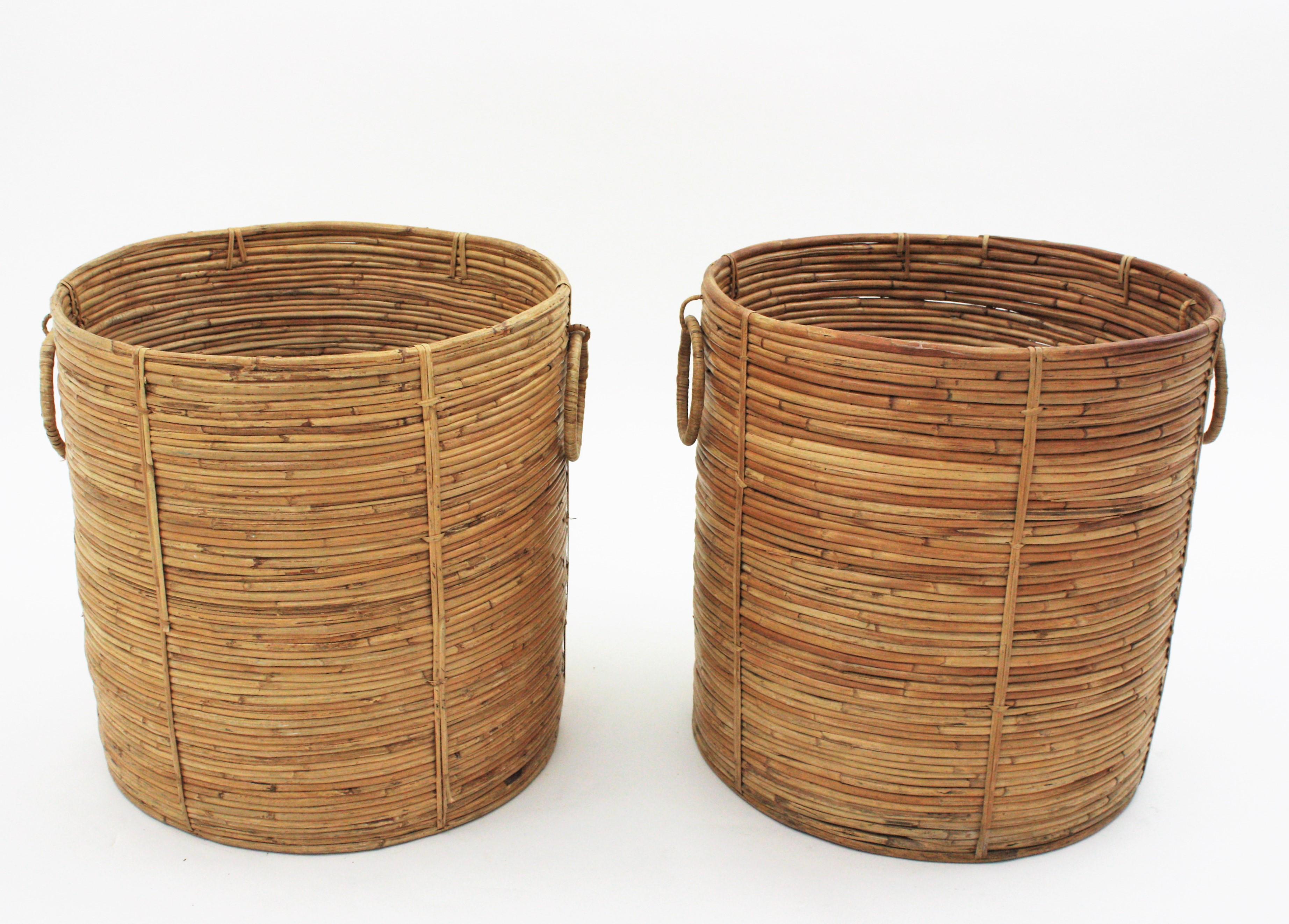 Italian Pair of Rattan Large Round Planters or Baskets with Ring Handles, 1970s