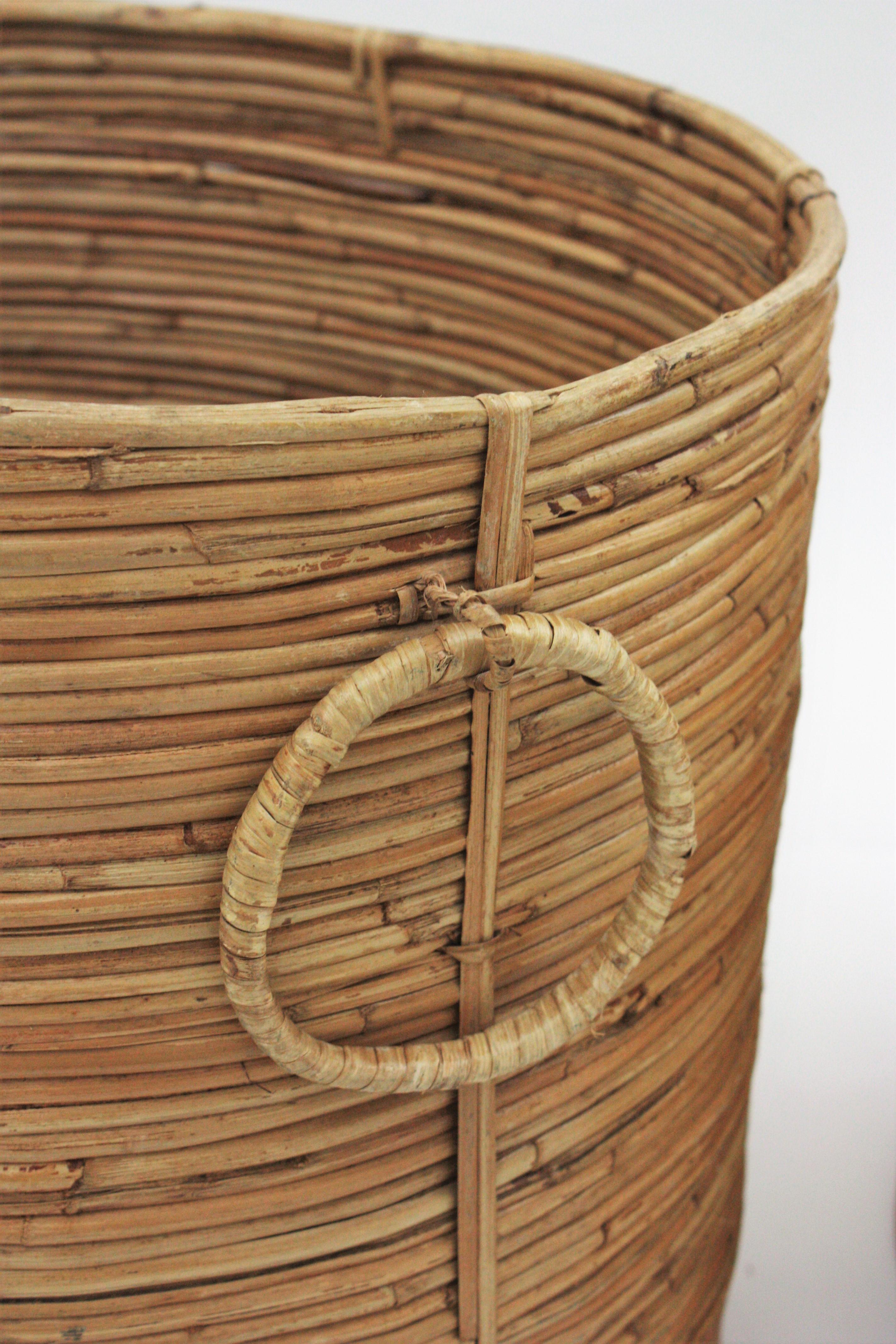 Hand-Crafted Pair of Rattan Large Round Planters or Baskets with Ring Handles, 1970s