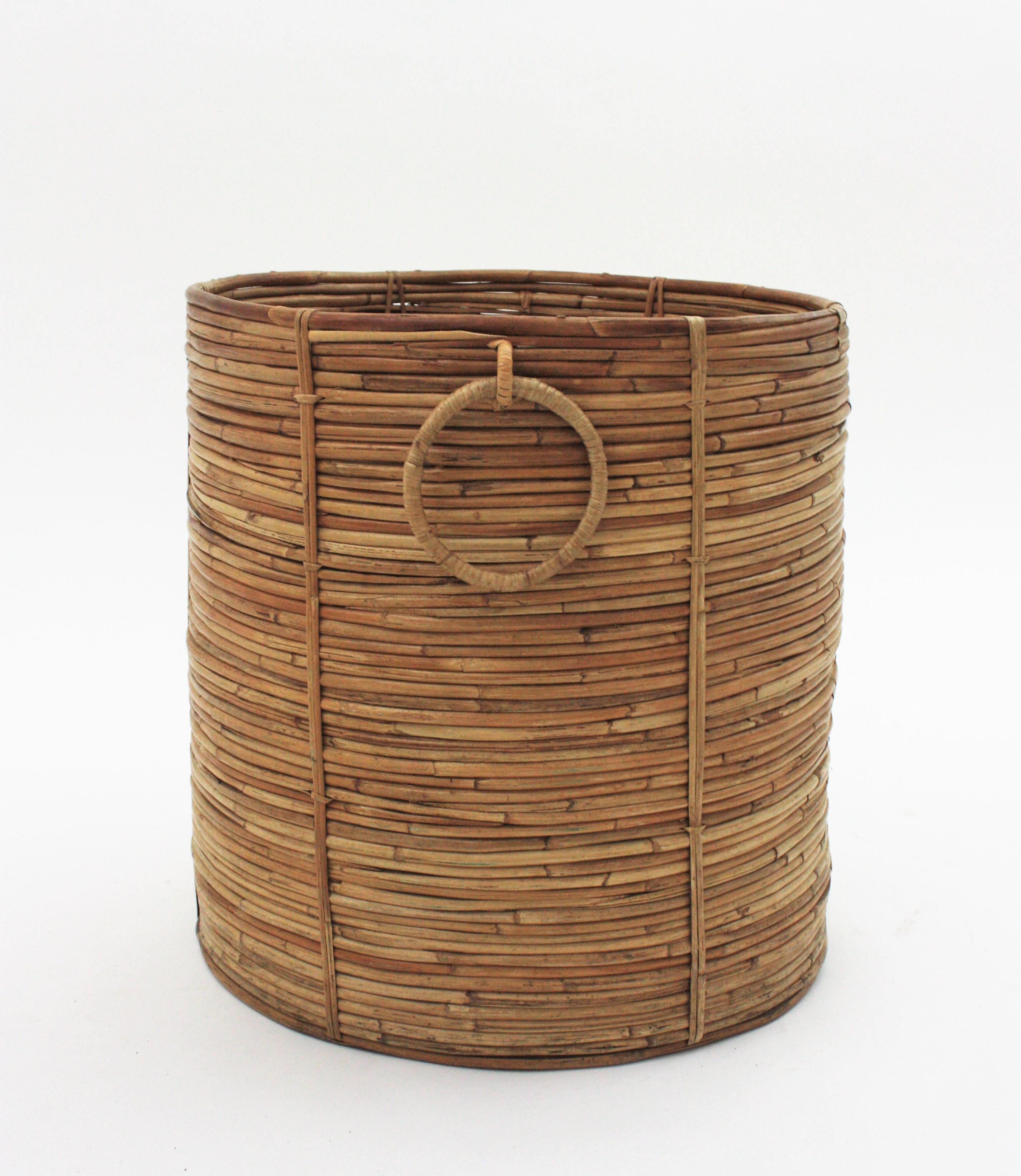 Wicker Pair of Rattan Large Round Planters or Baskets with Ring Handles, 1970s