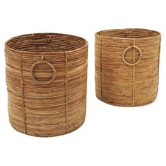 Pair of Rattan Large Round Planters or Baskets with Ring Handles, 1970s
