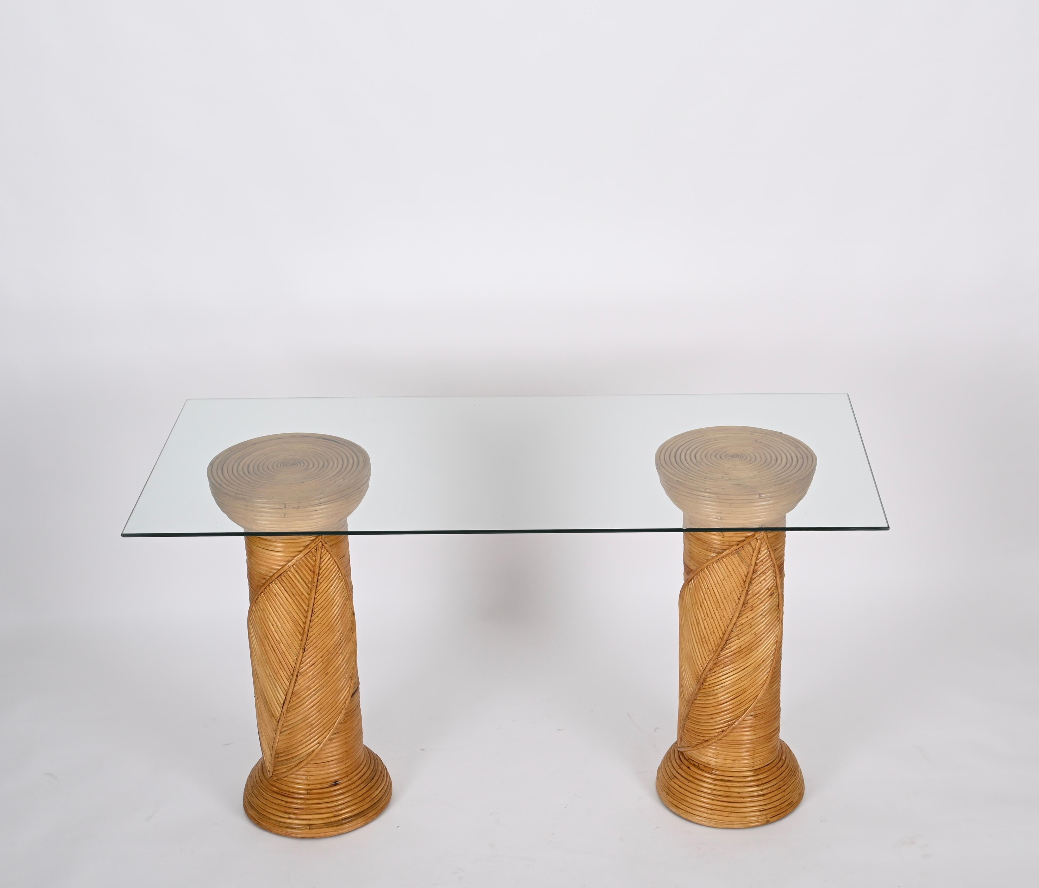 Paire de piédestaux en rotin « feuille » pour table console de Vivai del Sud, Italie, années 1970 en vente 5