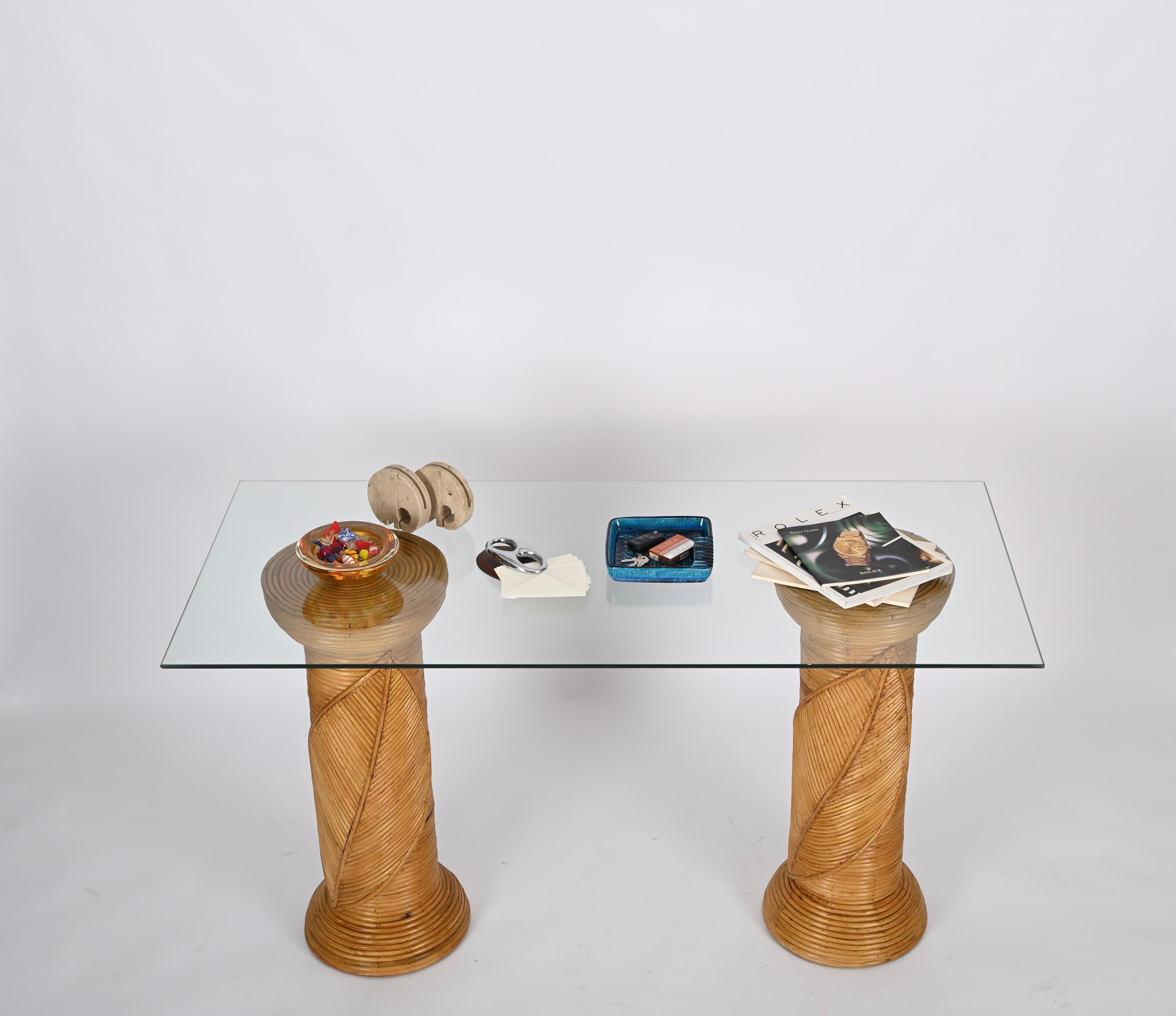 Paire de piédestaux en rotin « feuille » pour table console de Vivai del Sud, Italie, années 1970 en vente 6