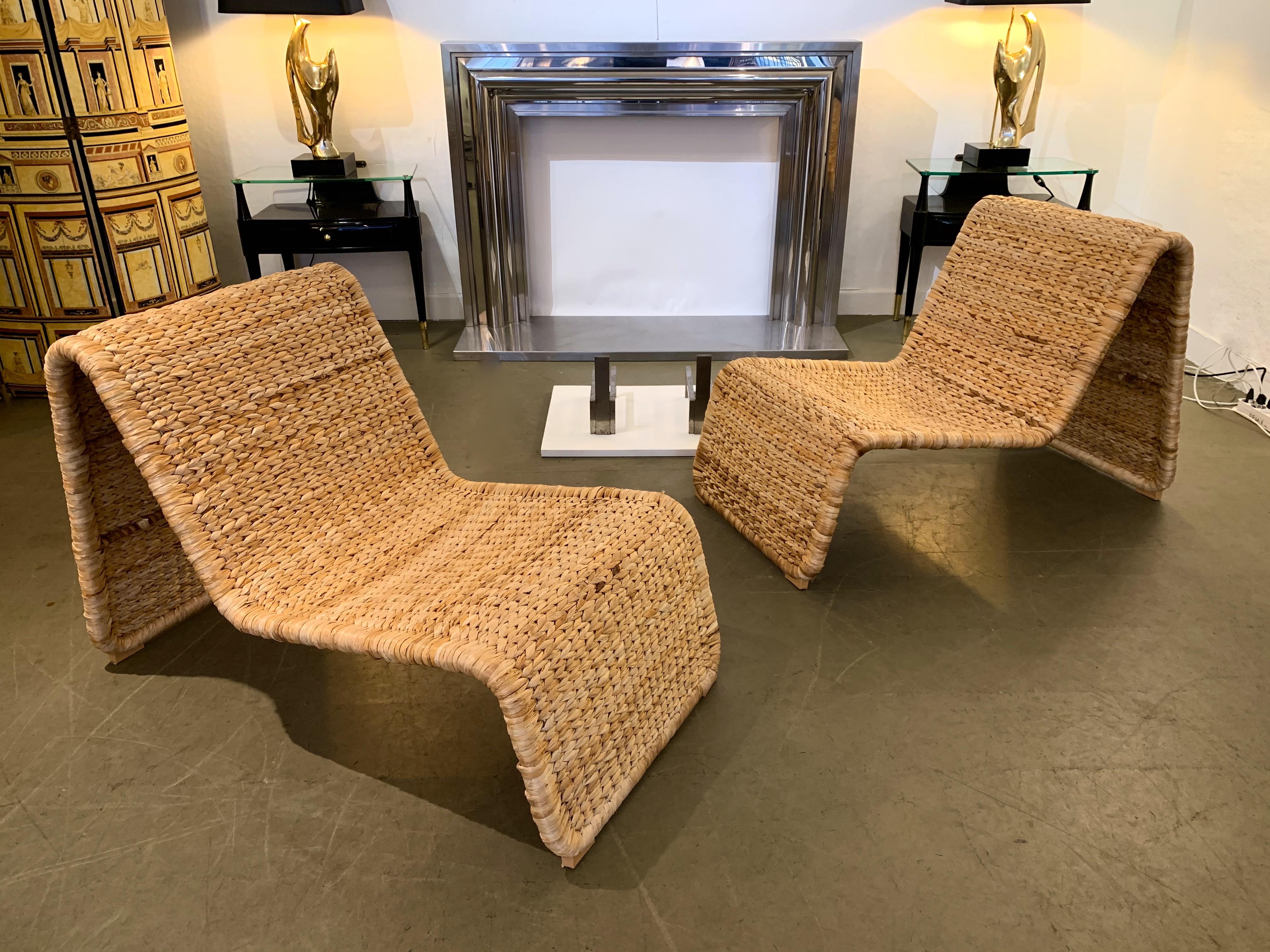 Metal Pair of Rattan Lounge Chair, Italy, 1980s