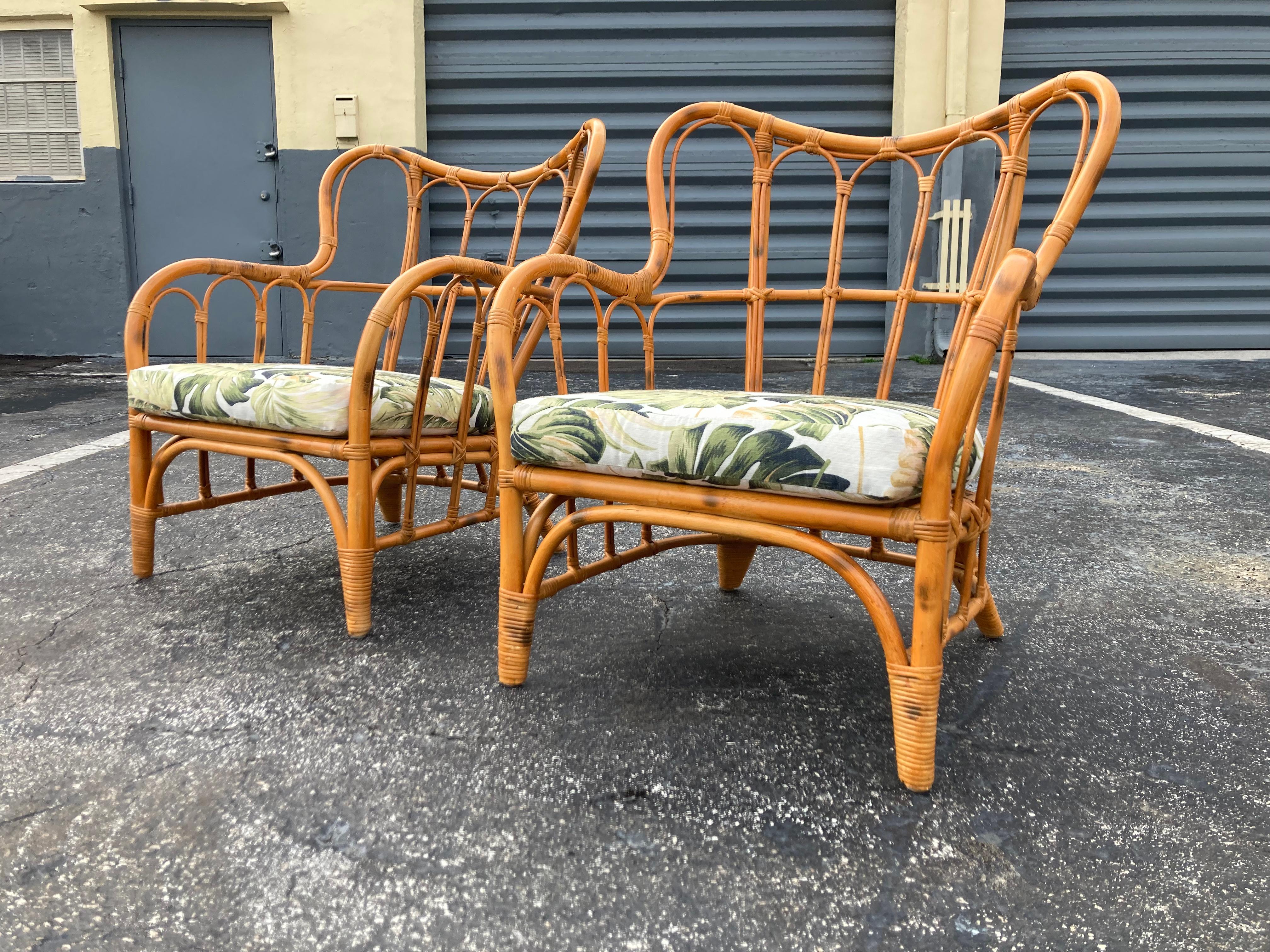 Fabric Pair of Rattan Lounge Chairs