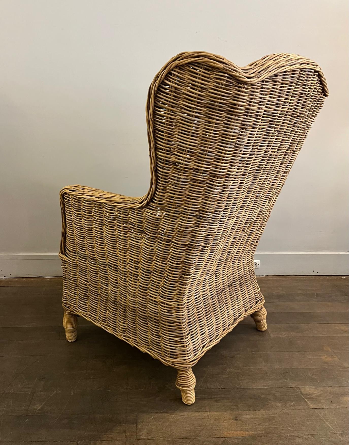 Fabric Pair of Rattan Lounge Chairs, France, 1970