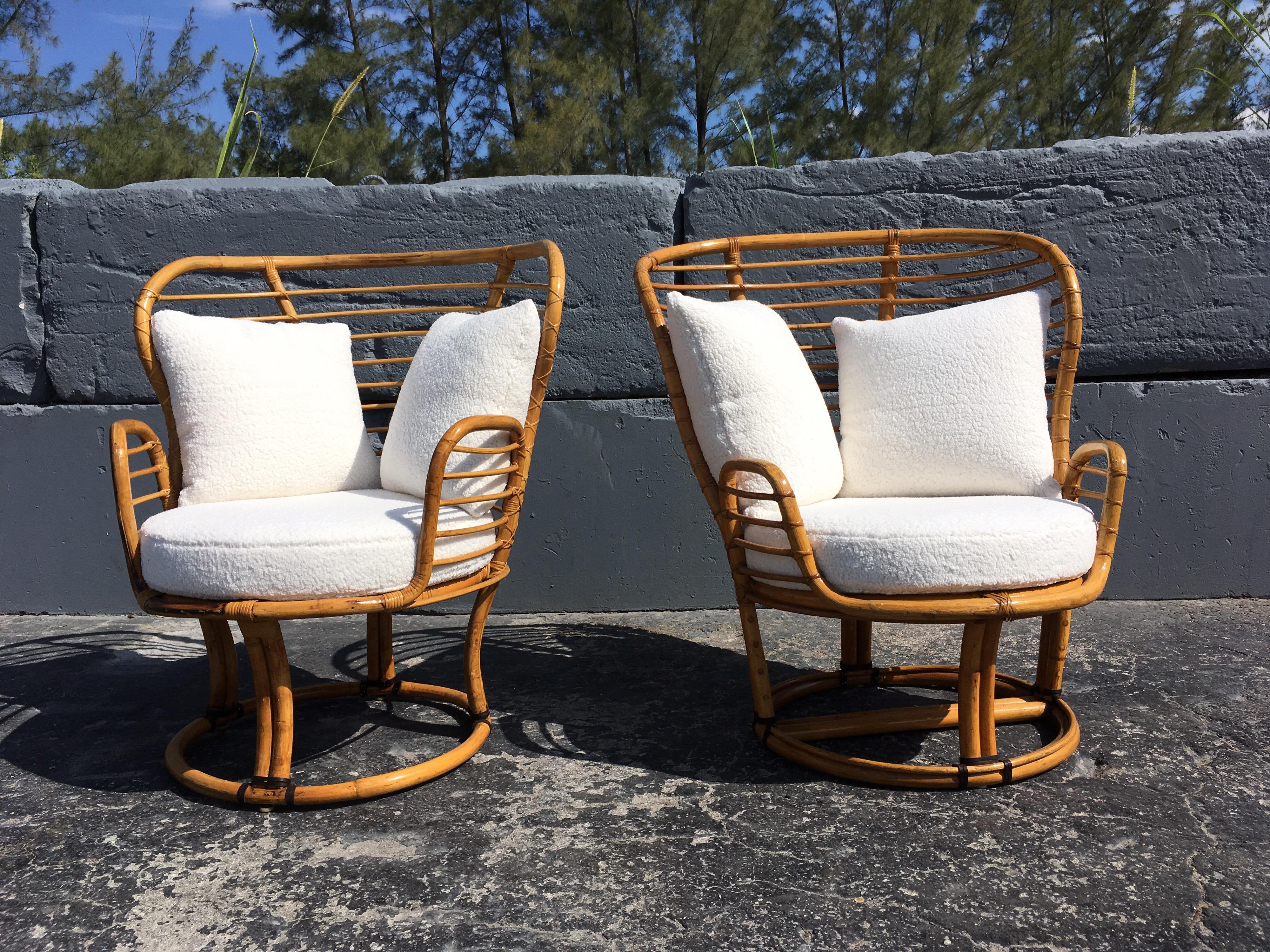 Fabric Pair of Rattan Lounge Chairs Faux Sheepskin