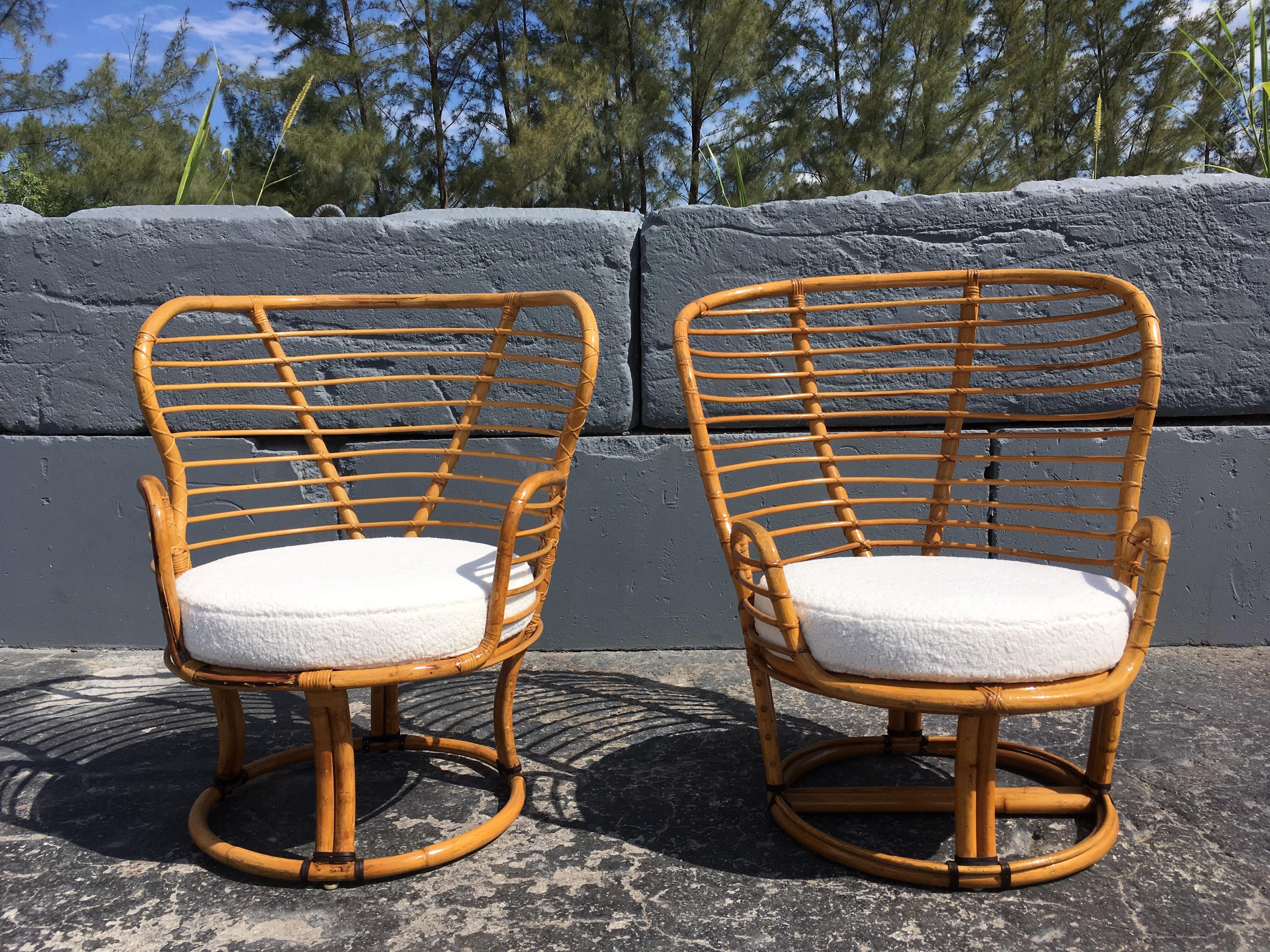 Mid-Century Modern Pair of Rattan Lounge Chairs Faux Sheepskin