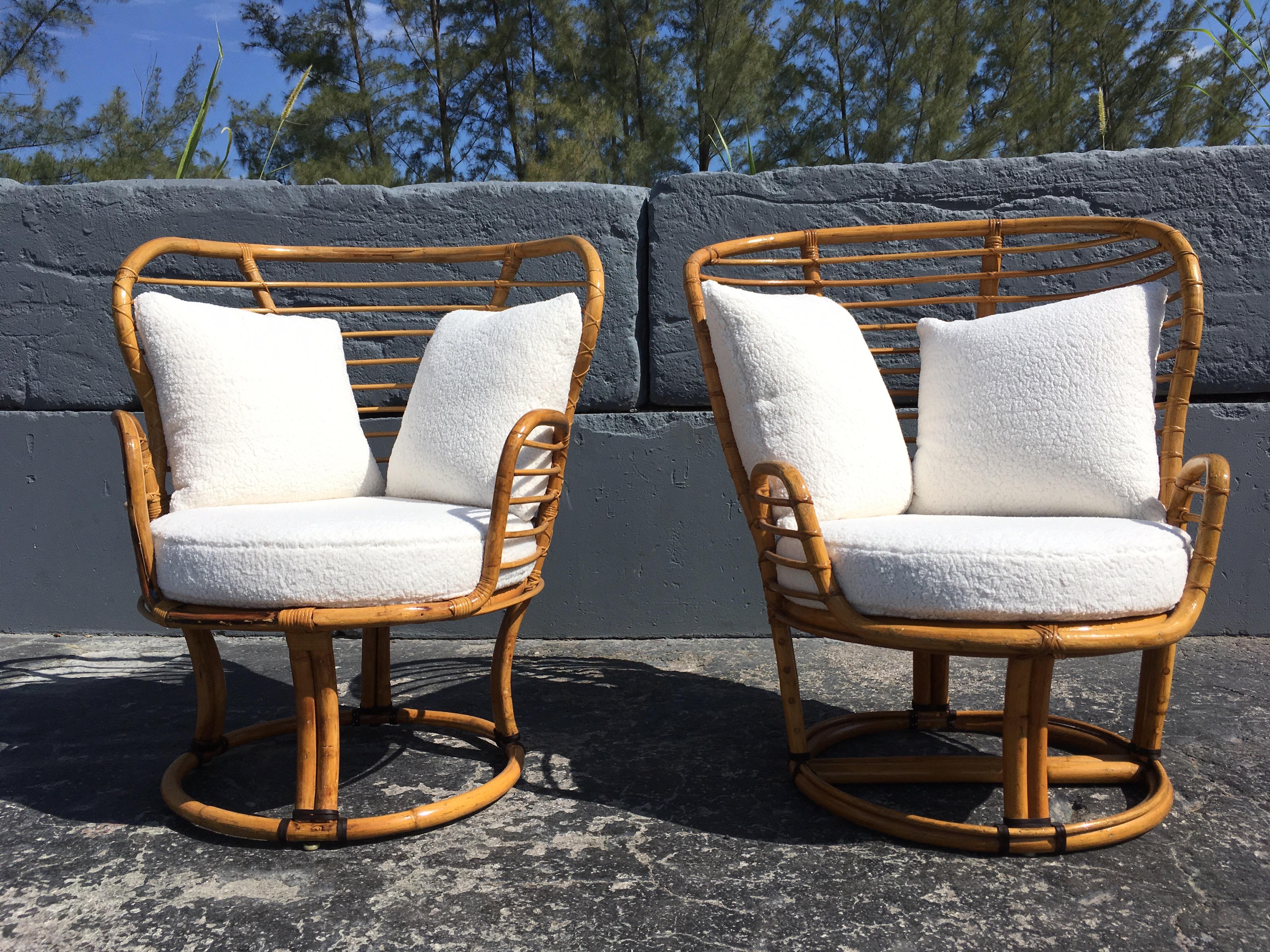 Philippine Pair of Rattan Lounge Chairs Faux Sheepskin
