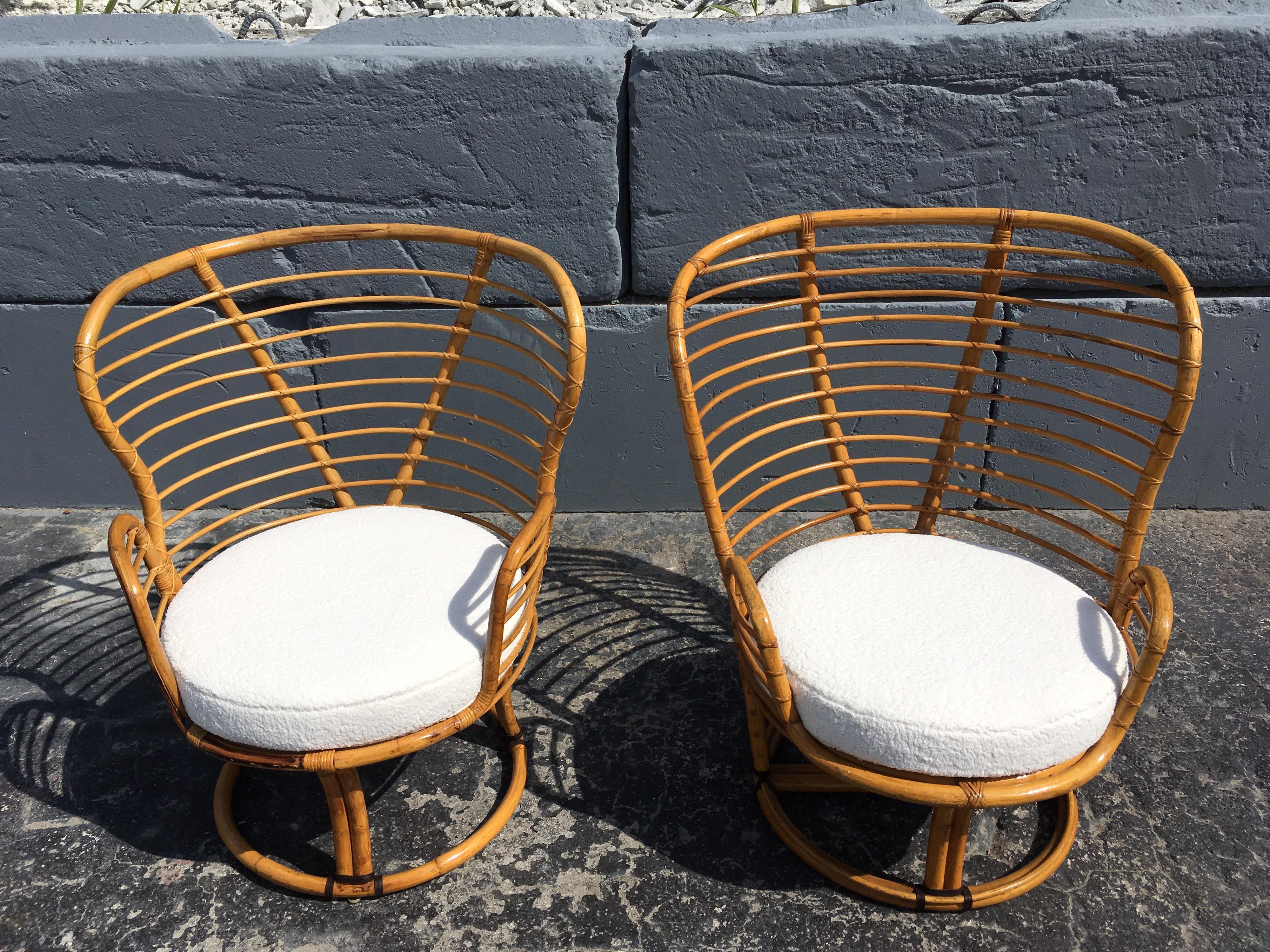 Late 20th Century Pair of Rattan Lounge Chairs Faux Sheepskin