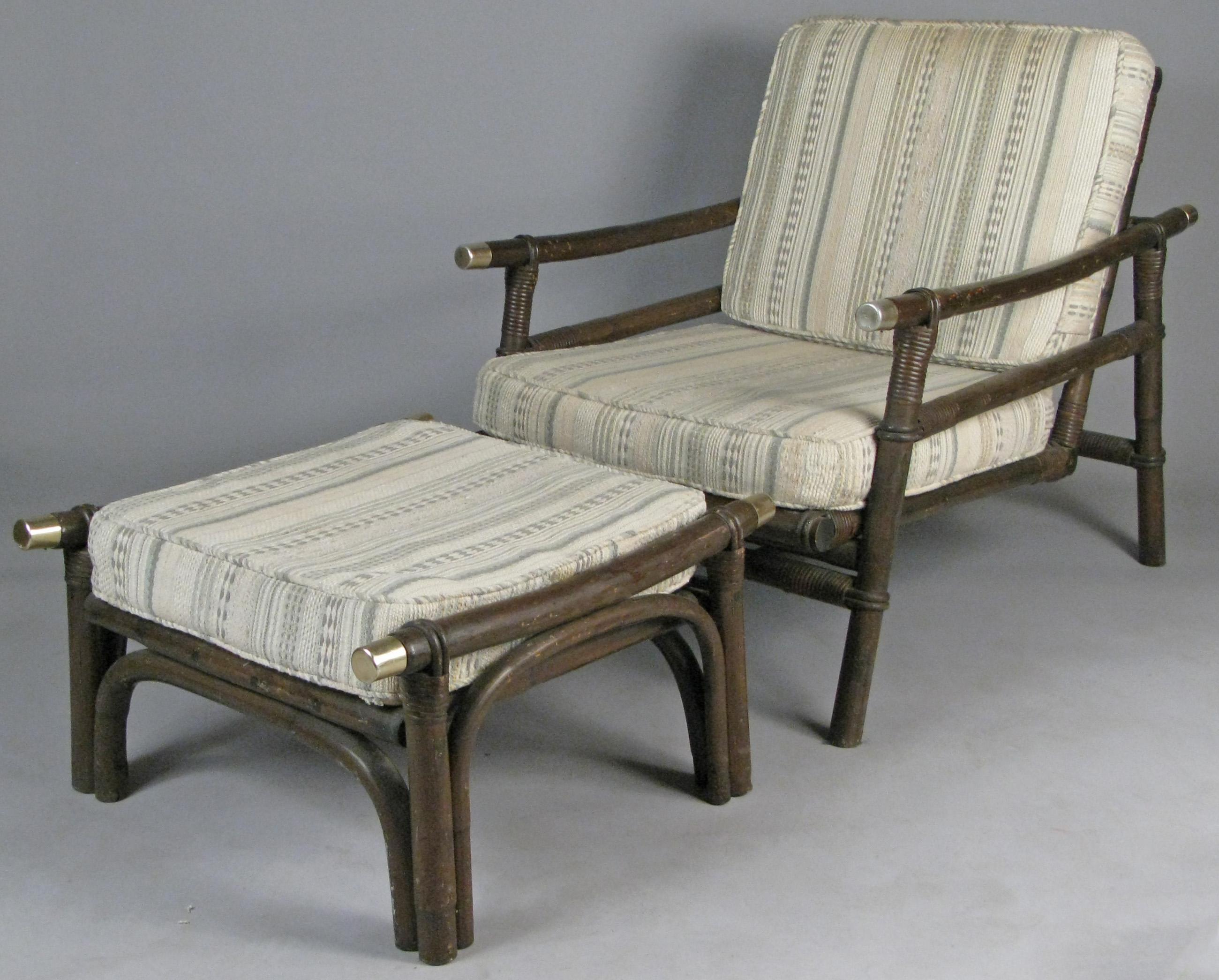 A very nice matched pair of vintage 1950s rattan frame lounge chairs and matching ottomans in the style of John Wisner for Ficks Reed. With painted rattan frames and steel end caps. These have their original upholstered cushions which are worn and