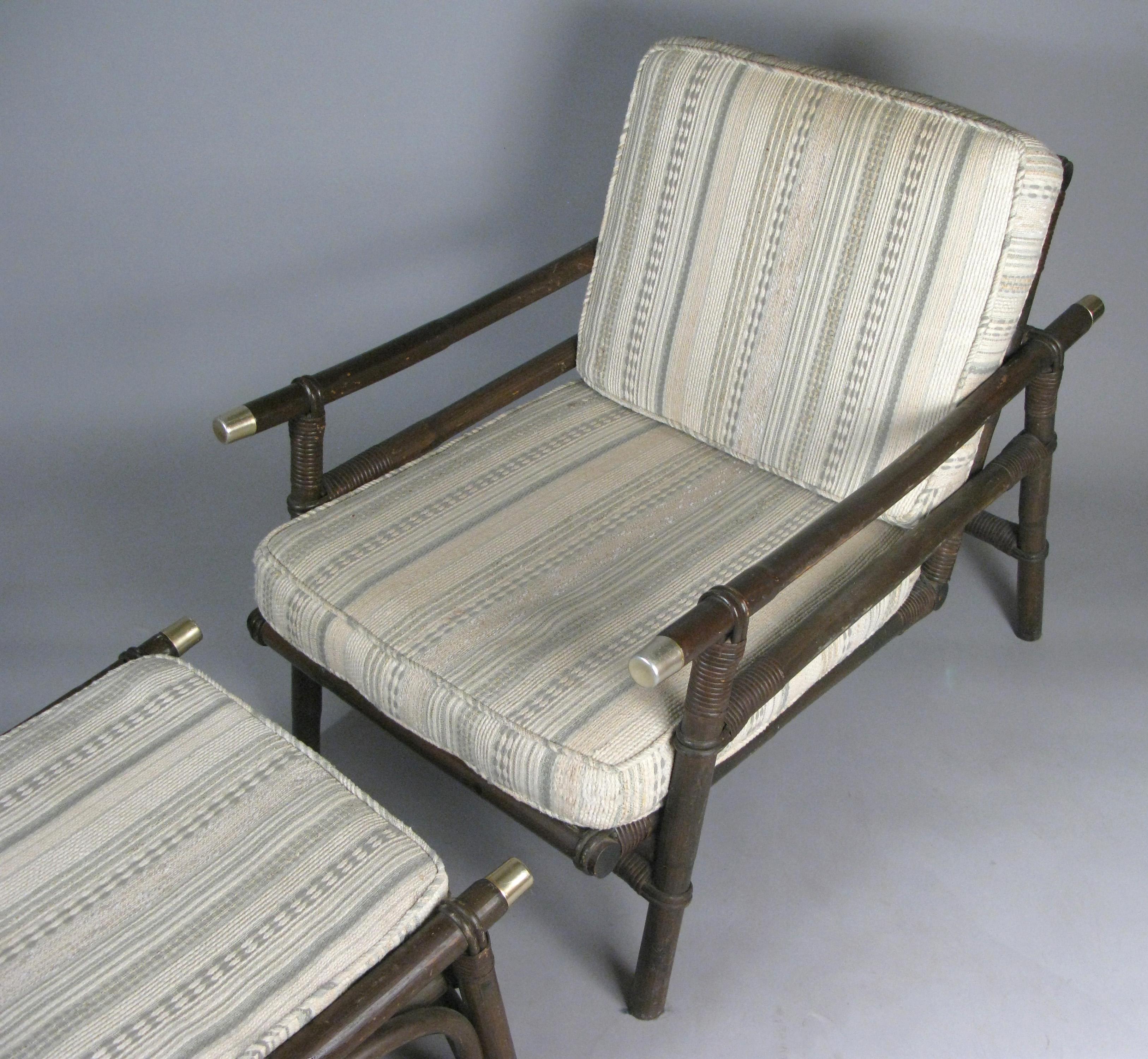 American Pair of Rattan Lounge Chairs & Ottomans Style of Ficks Reed