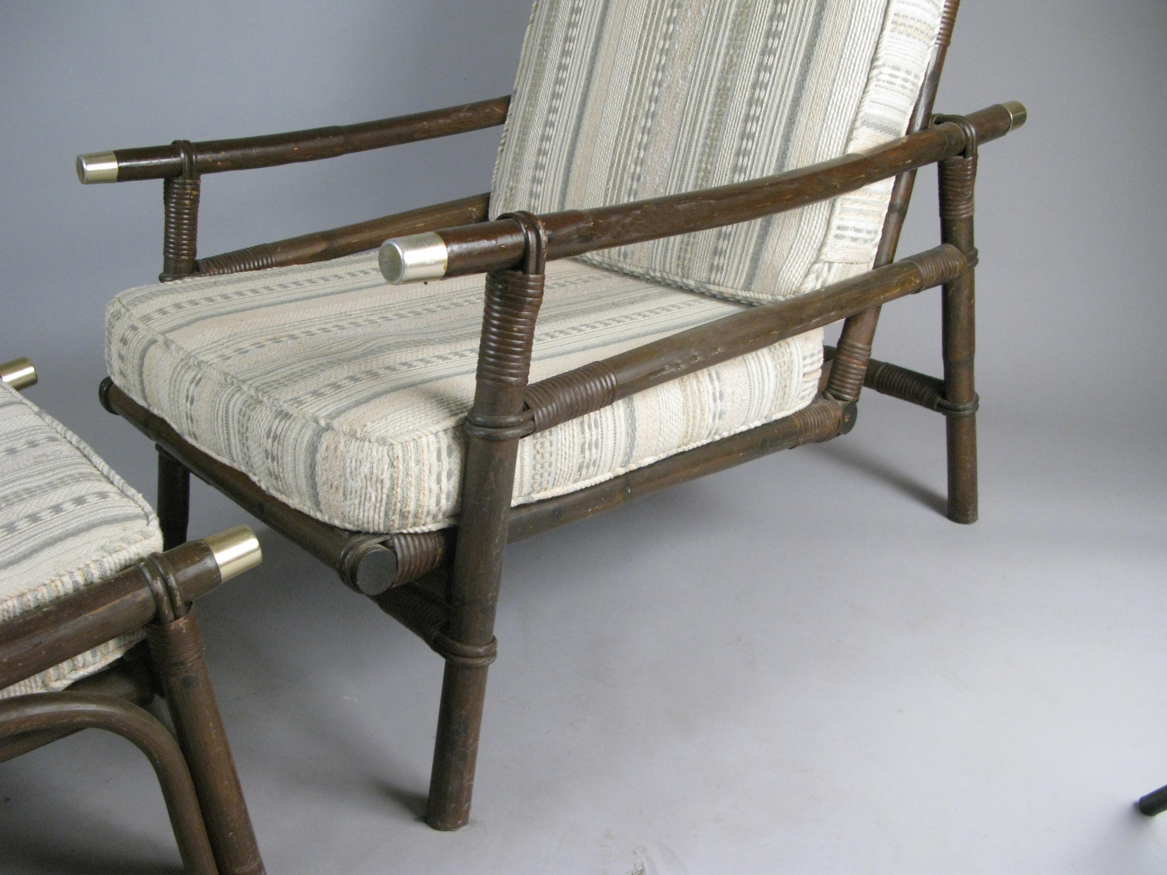 Pair of Rattan Lounge Chairs & Ottomans Style of Ficks Reed In Good Condition In Hudson, NY