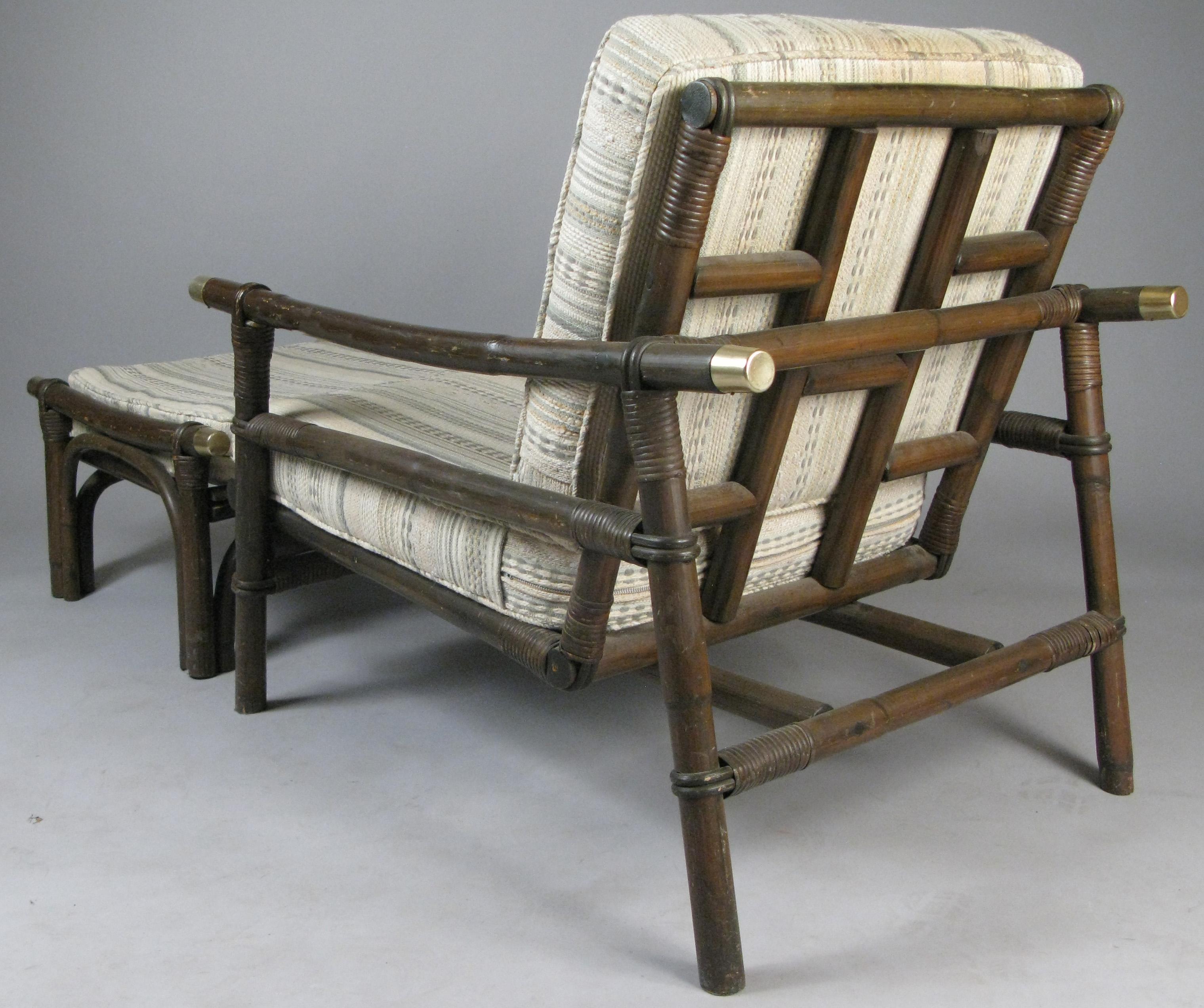 Pair of Rattan Lounge Chairs & Ottomans Style of Ficks Reed 2
