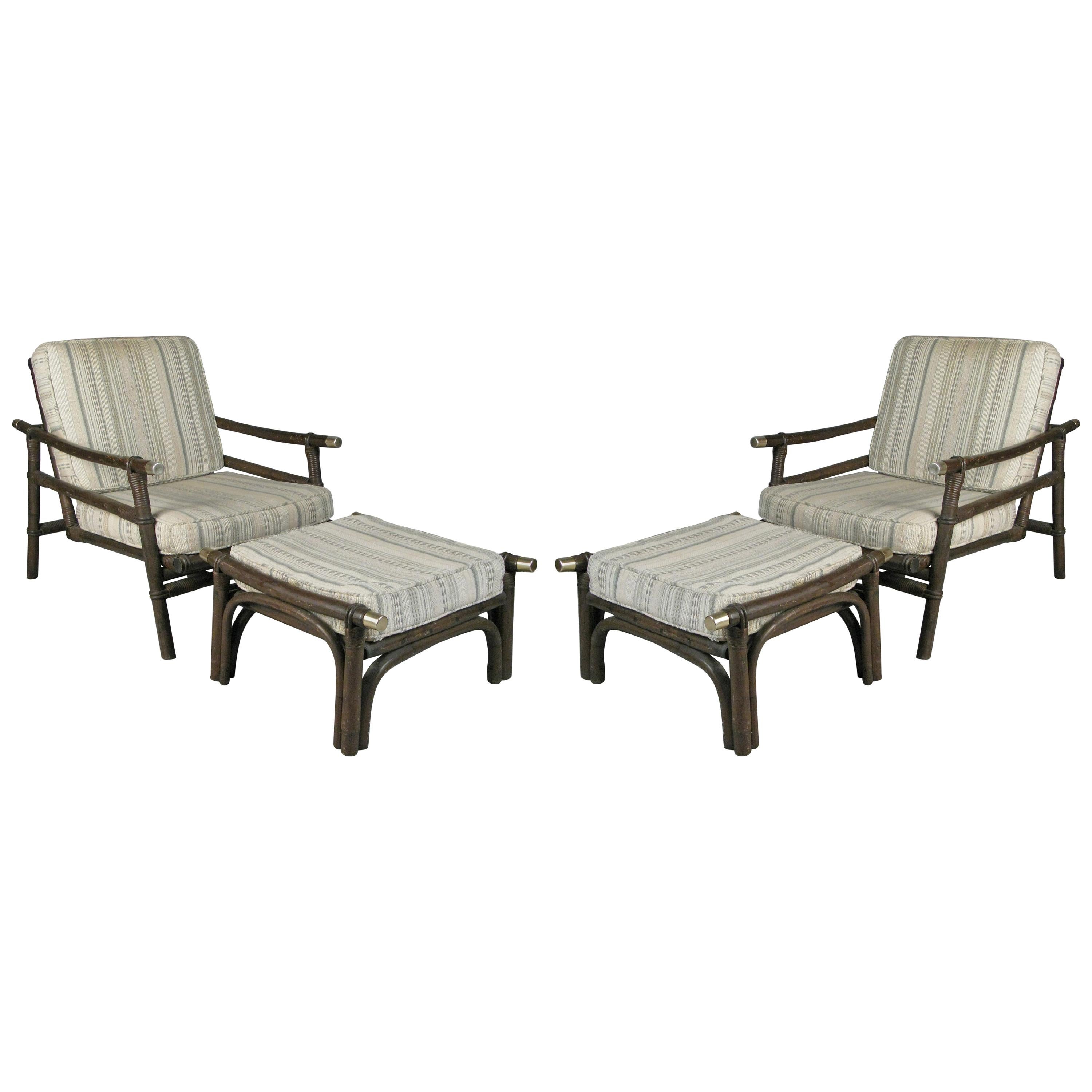 Pair of Rattan Lounge Chairs & Ottomans Style of Ficks Reed