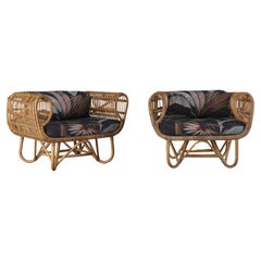 Pair of Rattan Lounge Chairs with Outdoor Fabric, 1950