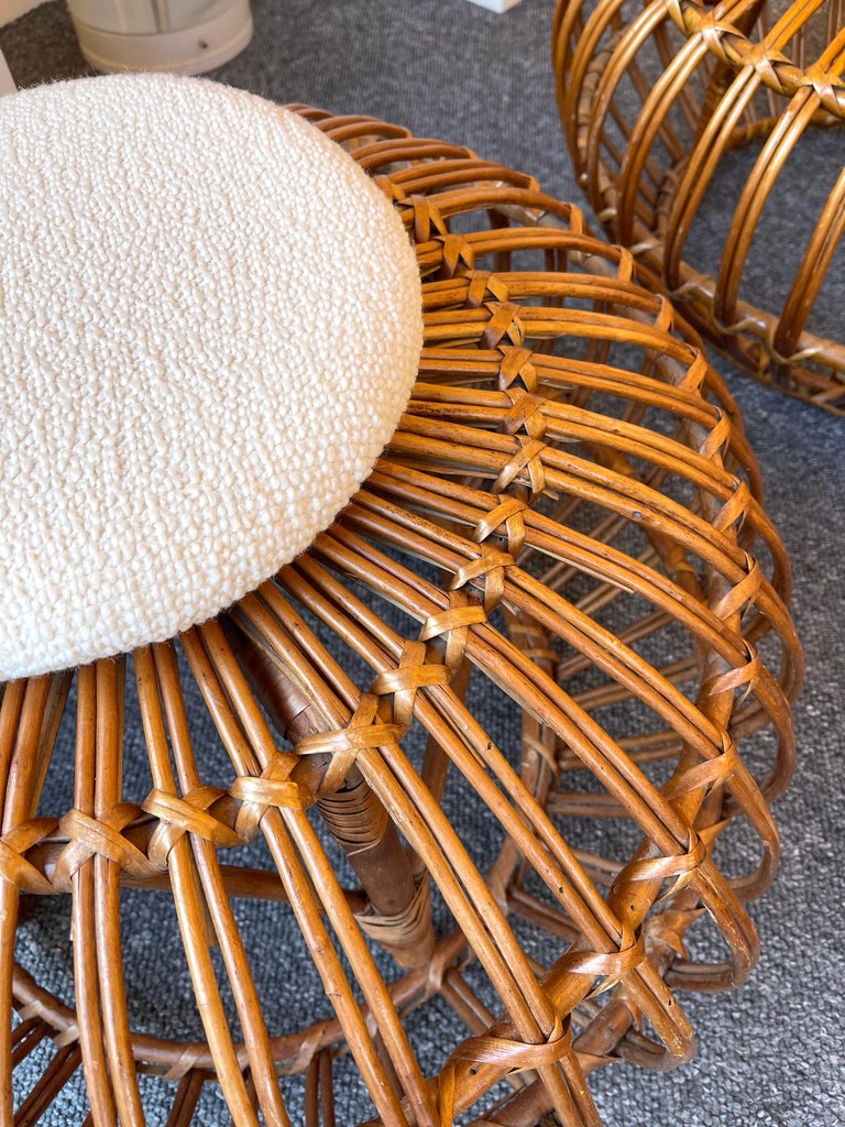 Pair of Rattan Margherita Poufs Bouclé Fabric by Franco Albini, Italy, 1950s For Sale 4