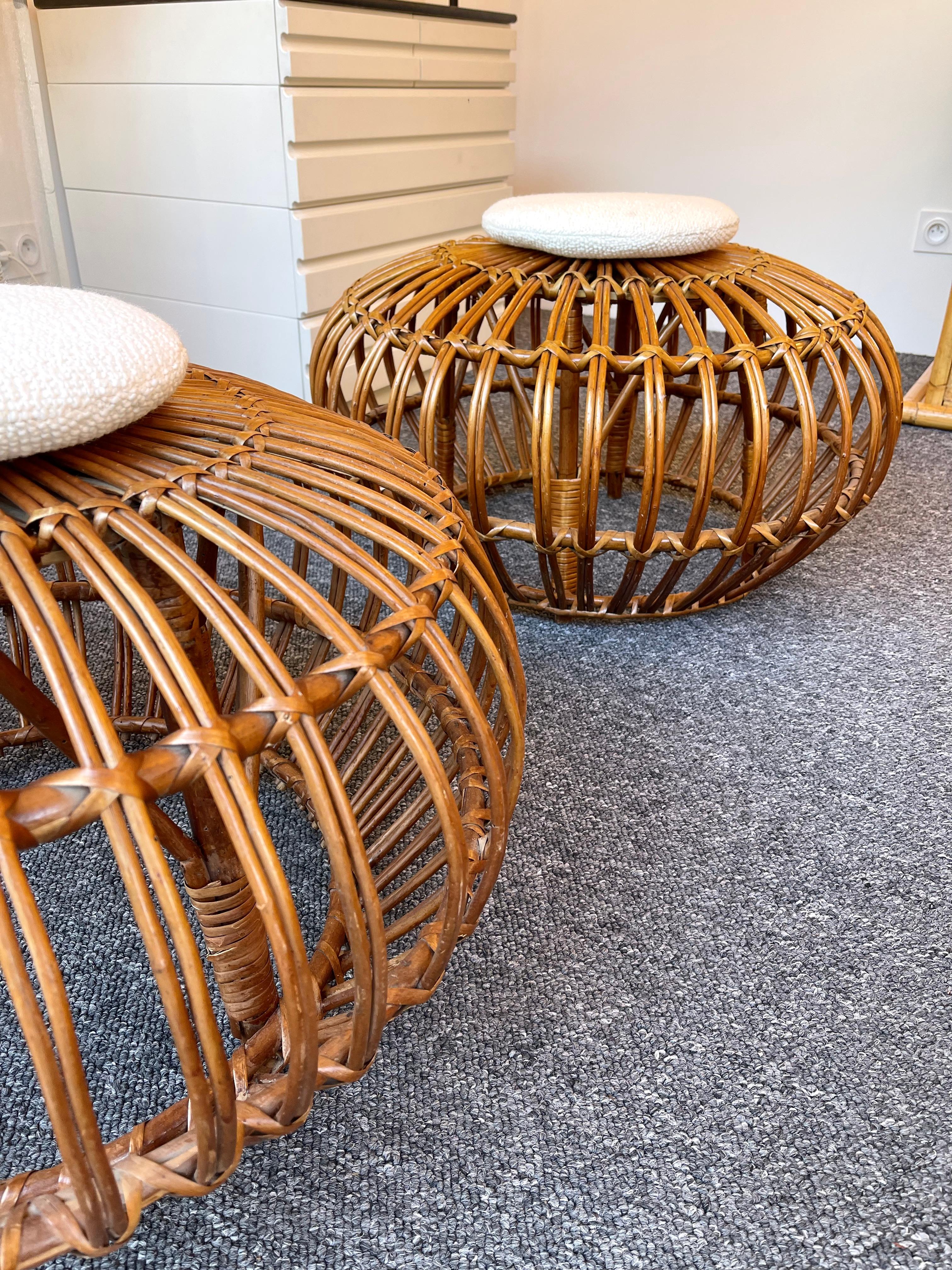 Pair of Rattan Margherita Poufs Bouclé Fabric by Franco Albini, Italy, 1950s 5