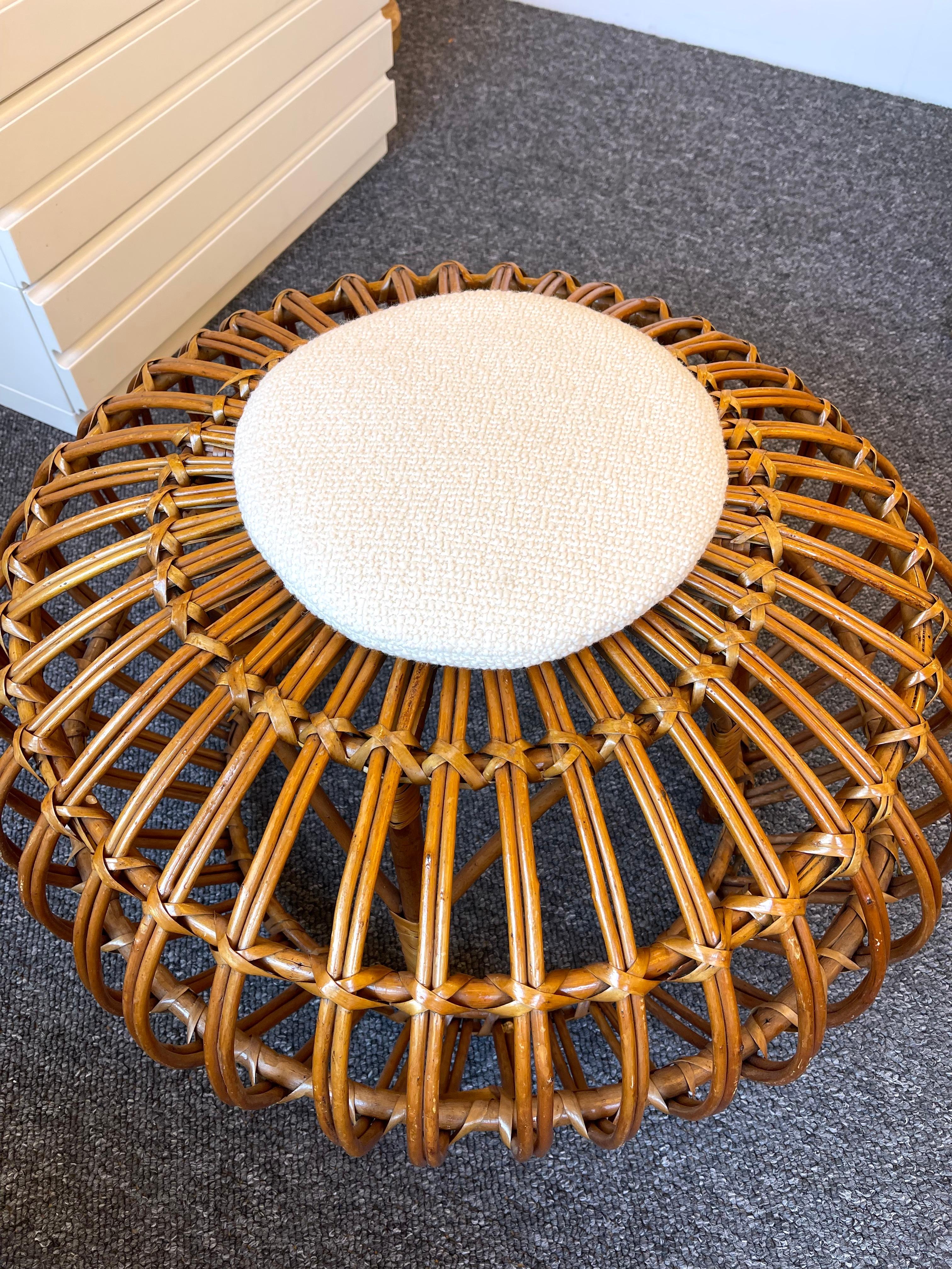 Pair of Rattan Margherita Poufs Bouclé Fabric by Franco Albini, Italy, 1950s 6