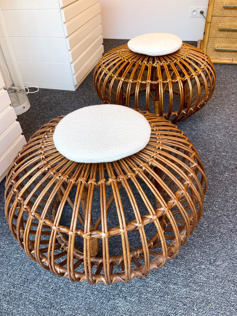 Pair of Rattan Margherita Poufs Bouclé Fabric by Franco Albini, Italy, 1950s For Sale 7