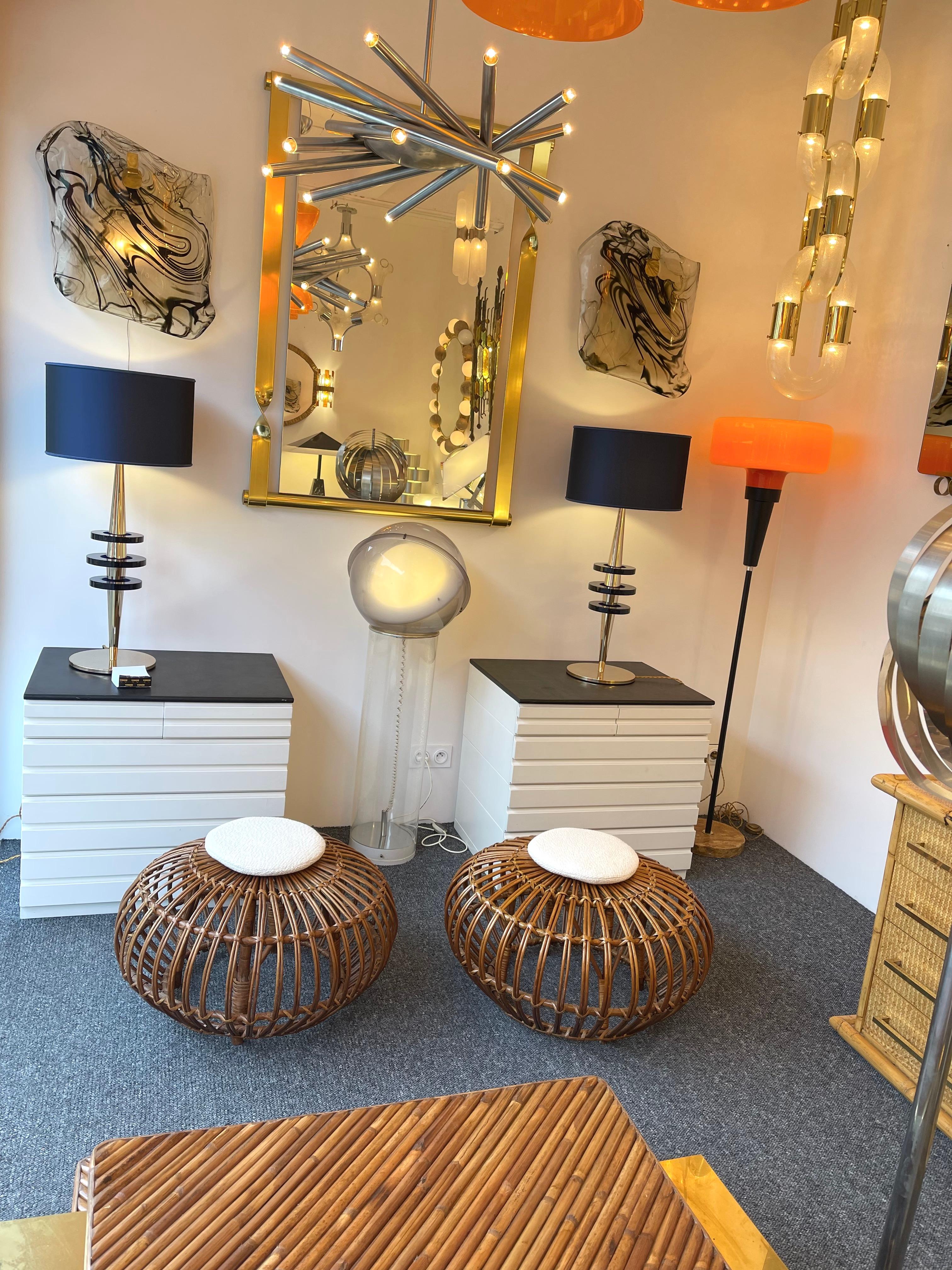 Mid-Century Modern space age Italian design pair of Margherita poufs stools ottomans chairs by Franco Albini recently reupholstered with a nice fabric by Lelièvre Paris. Famous design like Gio Ponti, Gianfranco Frattini, Cassina, Osvaldo Borsani,