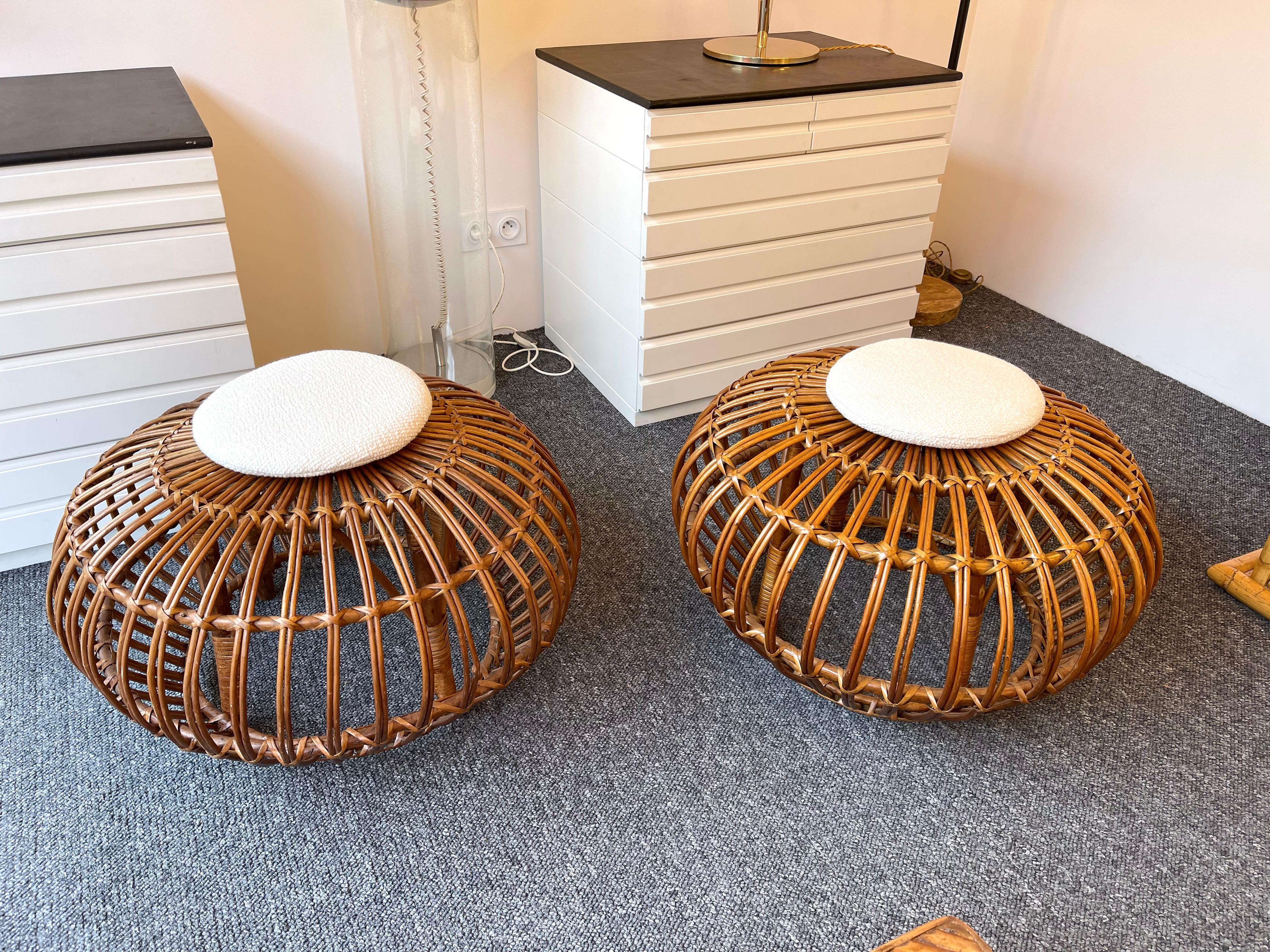 Mid-Century Modern Pair of Rattan Margherita Poufs Bouclé Fabric by Franco Albini, Italy, 1950s