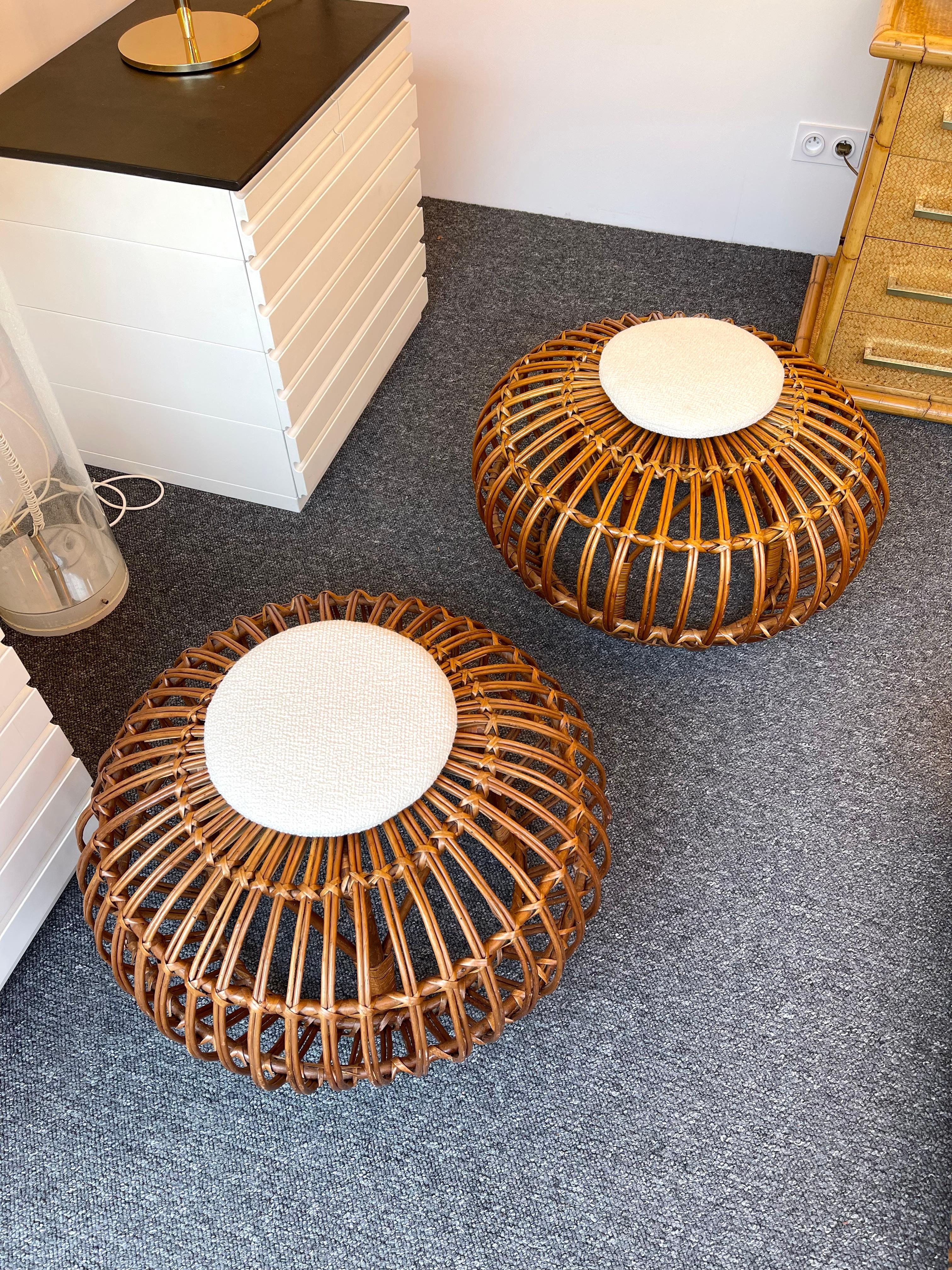 Italian Pair of Rattan Margherita Poufs Bouclé Fabric by Franco Albini, Italy, 1950s