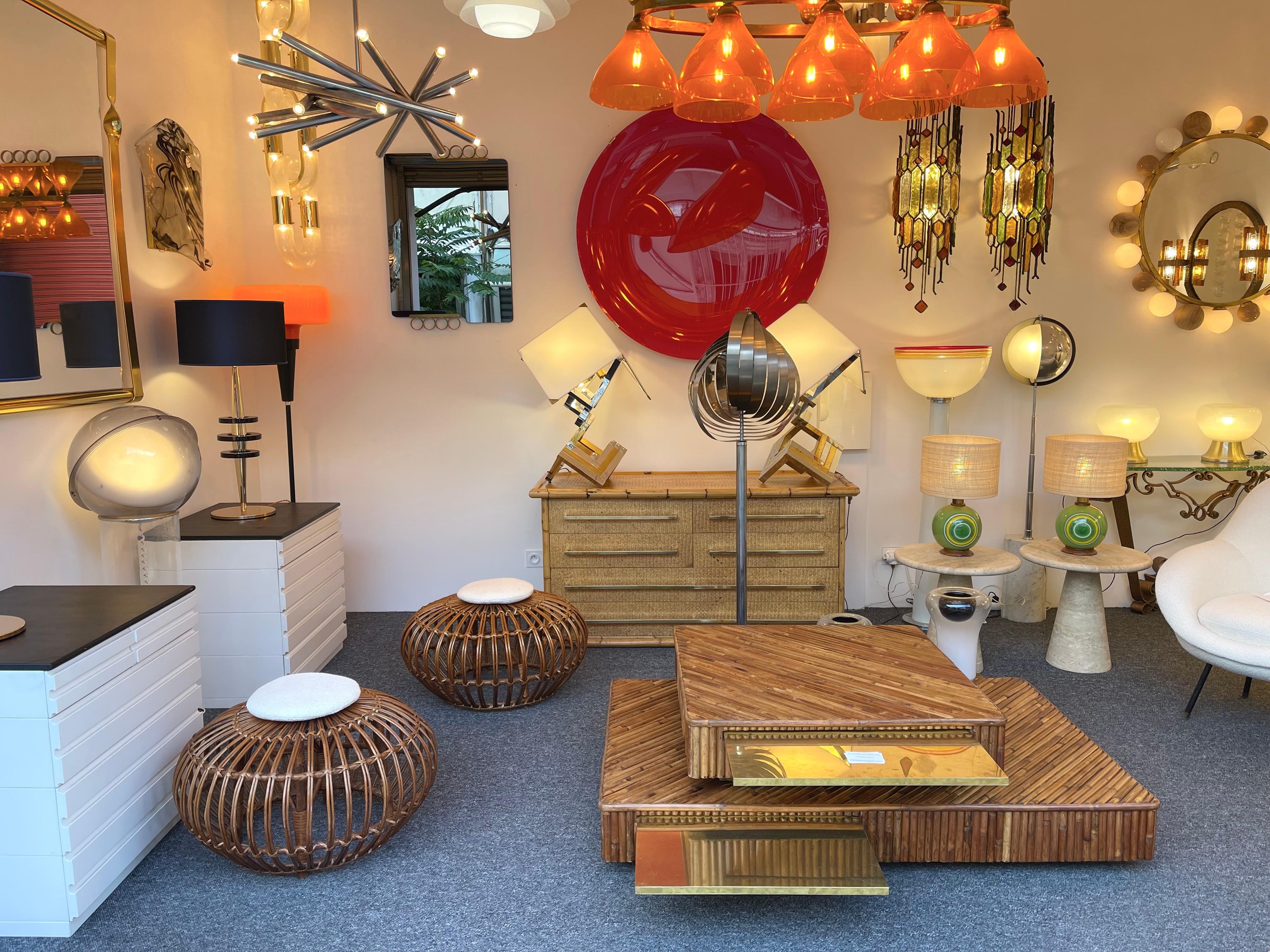 Pair of Rattan Margherita Poufs Bouclé Fabric by Franco Albini, Italy, 1950s In Good Condition In SAINT-OUEN, FR