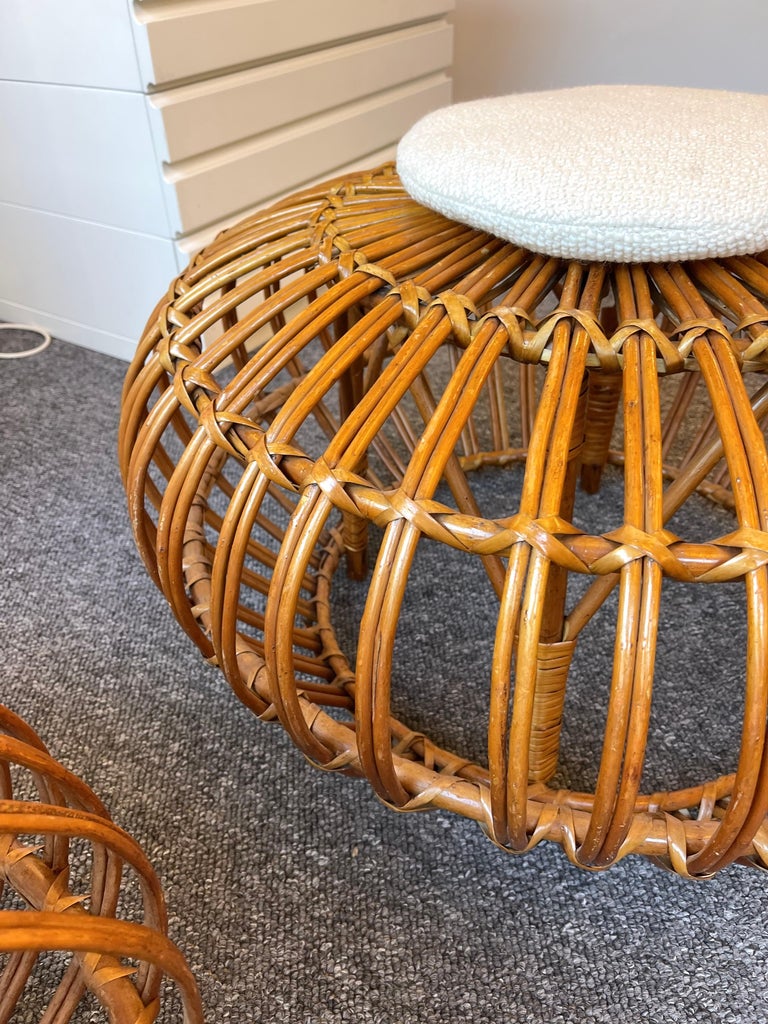 Pair of Rattan Margherita Poufs Bouclé Fabric by Franco Albini, Italy, 1950s For Sale 1