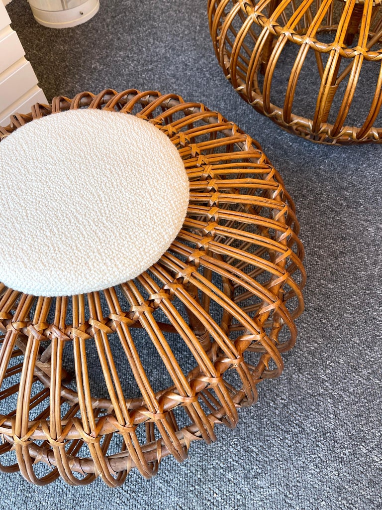 Pair of Rattan Margherita Poufs Bouclé Fabric by Franco Albini, Italy, 1950s For Sale 2