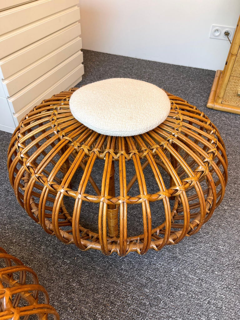 Pair of Rattan Margherita Poufs Bouclé Fabric by Franco Albini, Italy, 1950s For Sale 3