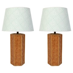 Pair of Rattan Mid Century Hexagonal Lamps