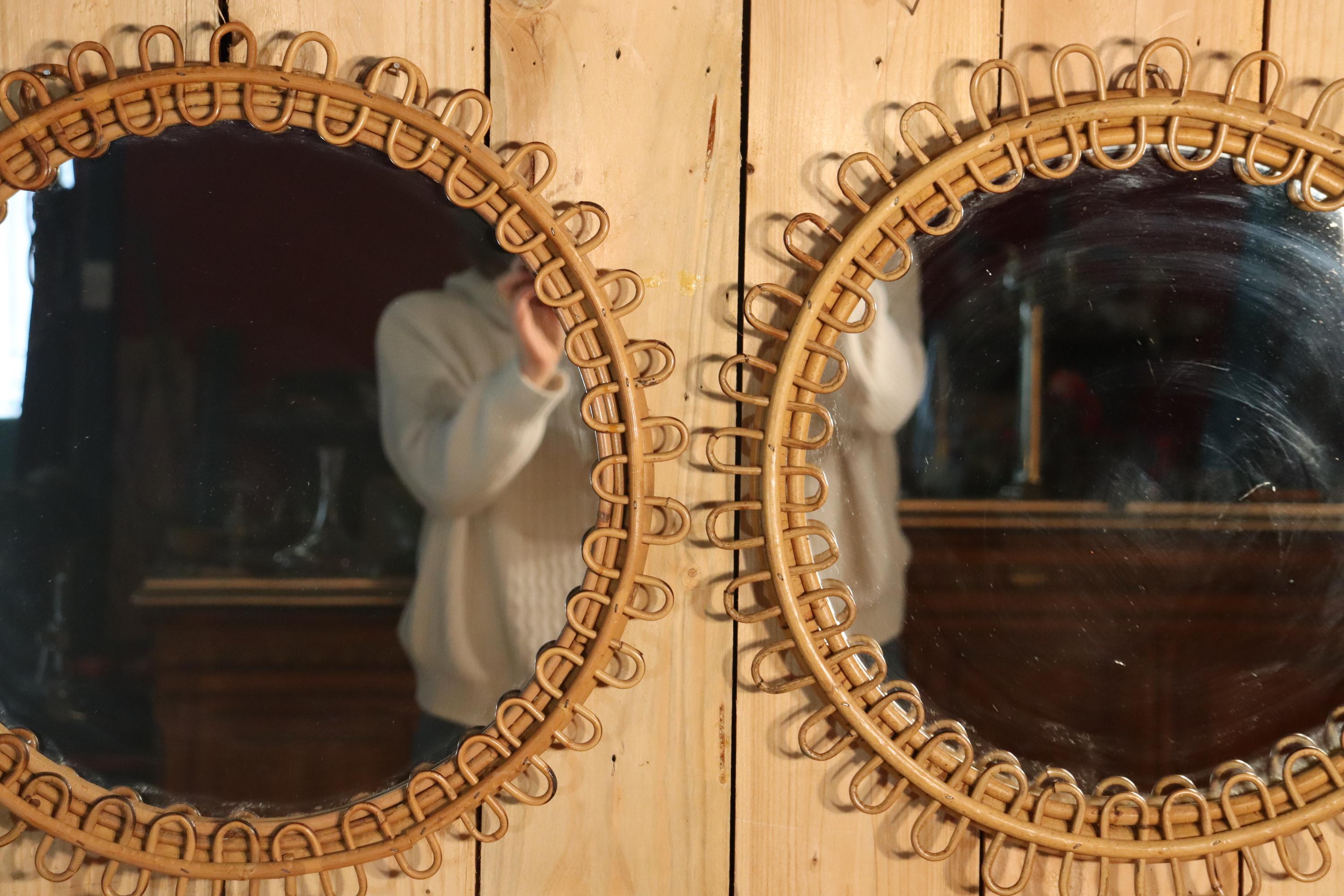 Bohémien Pair Of Rattan Mirrors By Franco Albini, 1960s in vendita