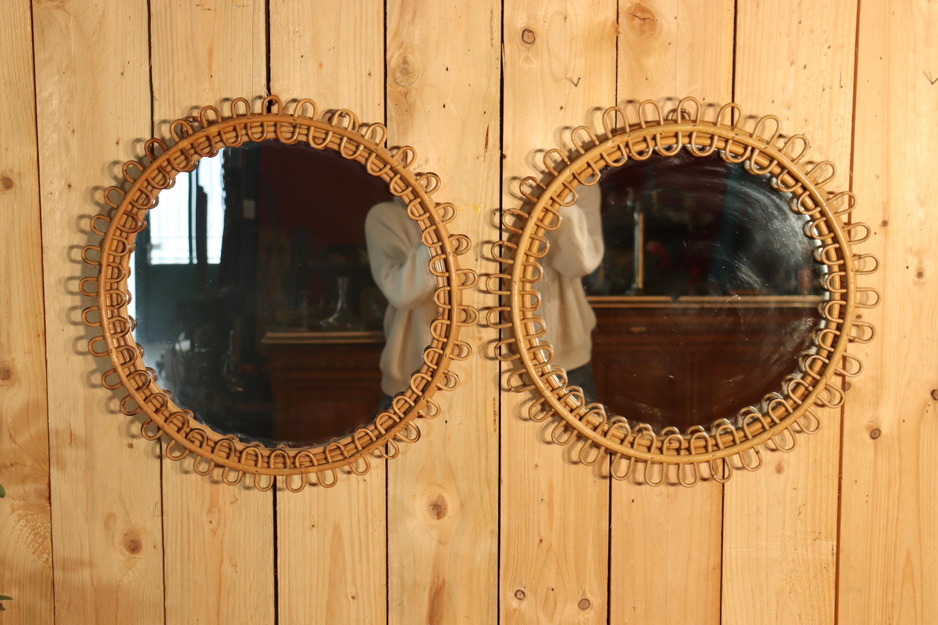 Pair Of Rattan Mirrors By Franco Albini, 1960s in vendita 1