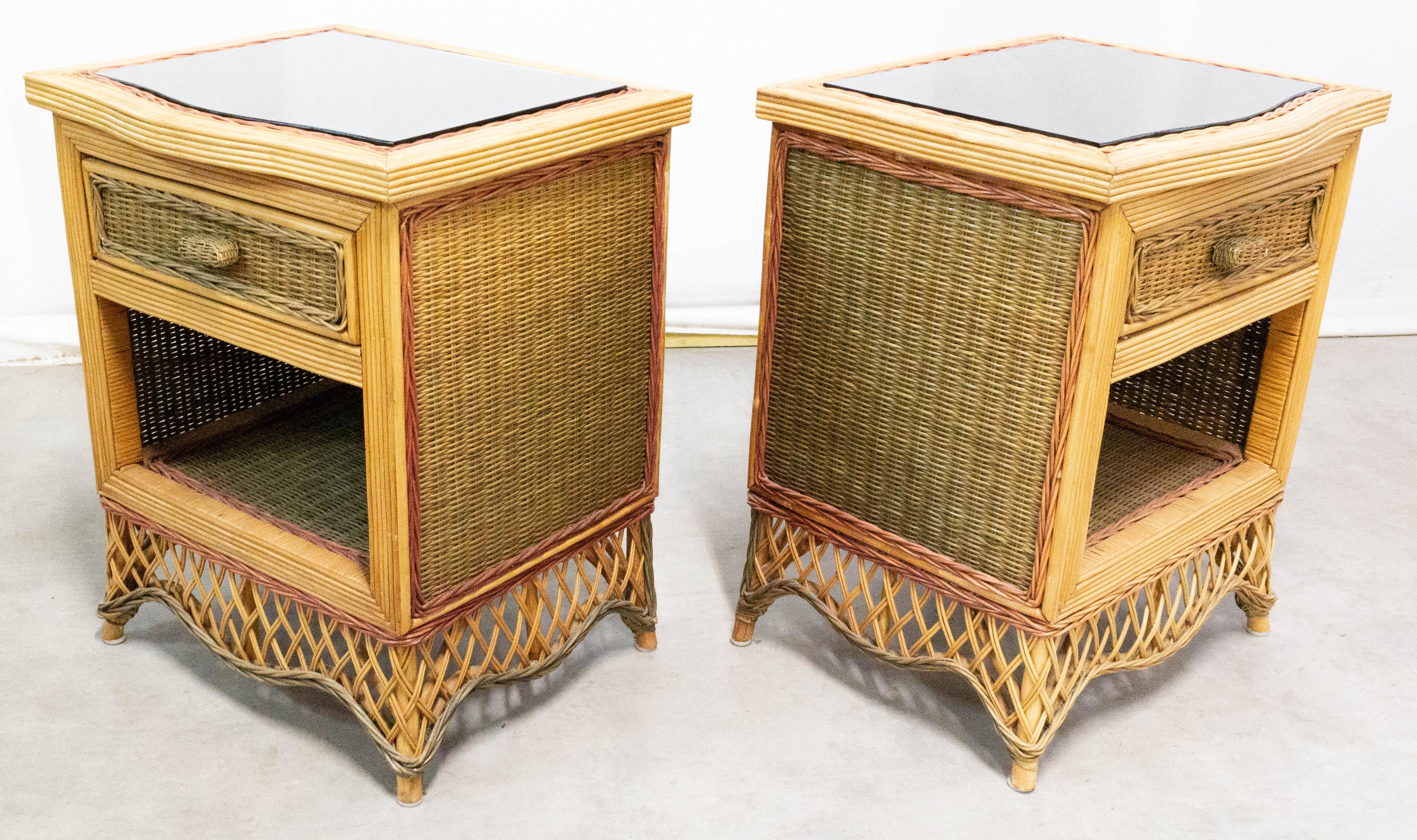 Mid-Century Modern Pair of Rattan Nightstands Mirror Top Side Cabinets Bedside Tables, French