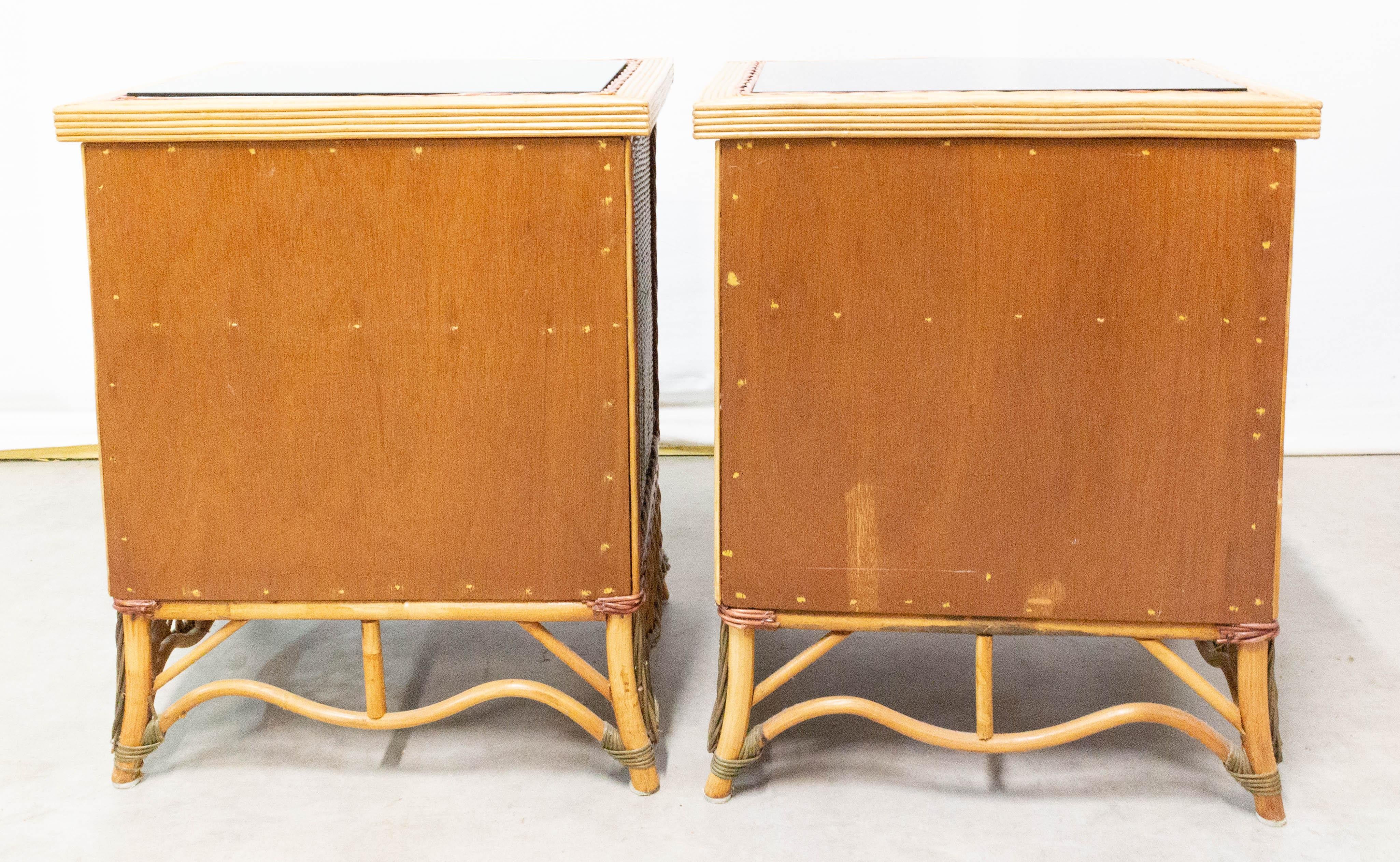 20th Century Pair of Rattan Nightstands Mirror Top Side Cabinets Bedside Tables, French